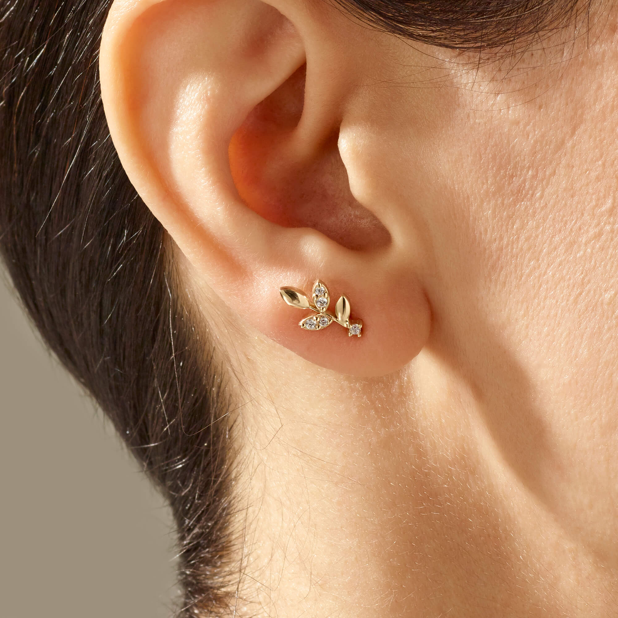 Leaf Earrings Paved with Cubic Zirconia in 14k Real Yellow Gold