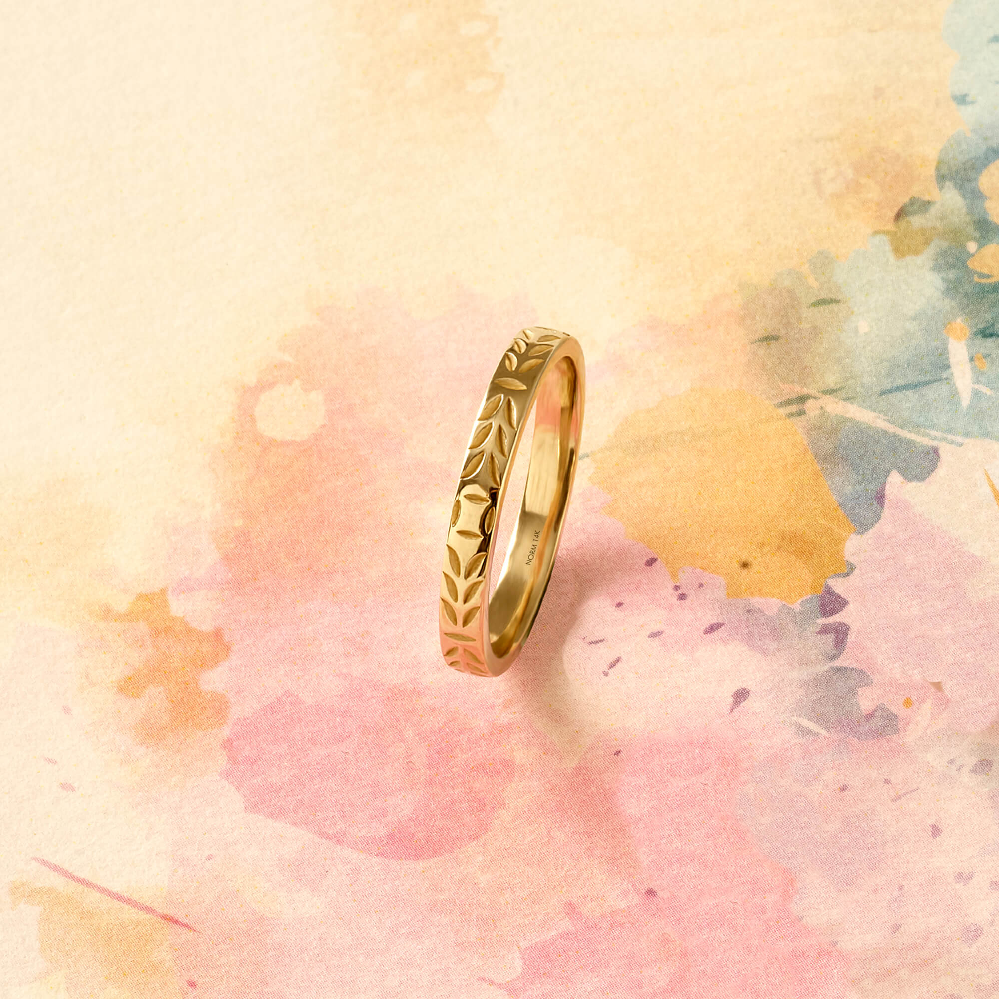 Women's 14k Real Yellow Gold Wedding Band Ring - Leaf Engraved