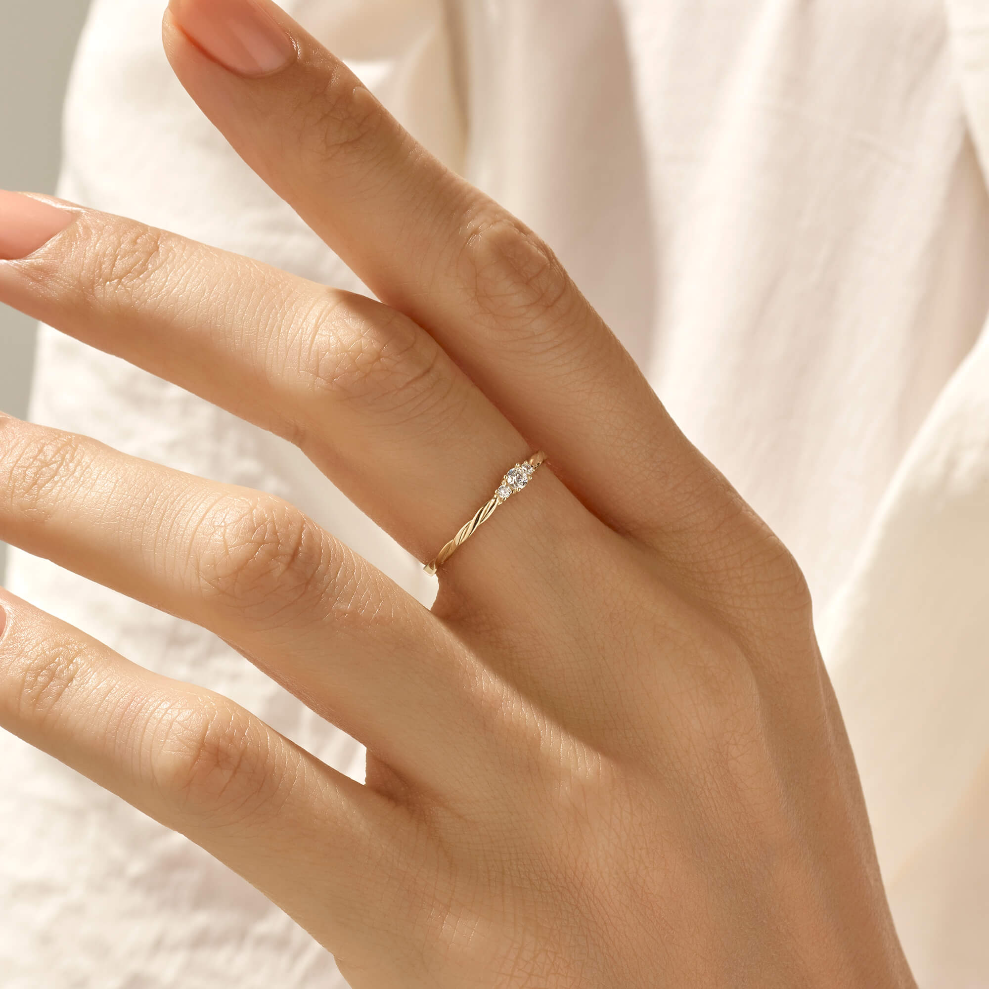Minimal Diamond Solitaire Twisted Stacking Ring in 14k Gold