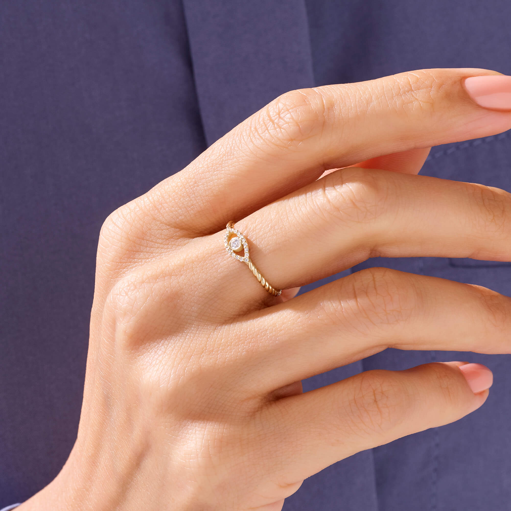 Women's Minimalist Evil Eye Ring Paved with CZ in 14k Solid Gold
