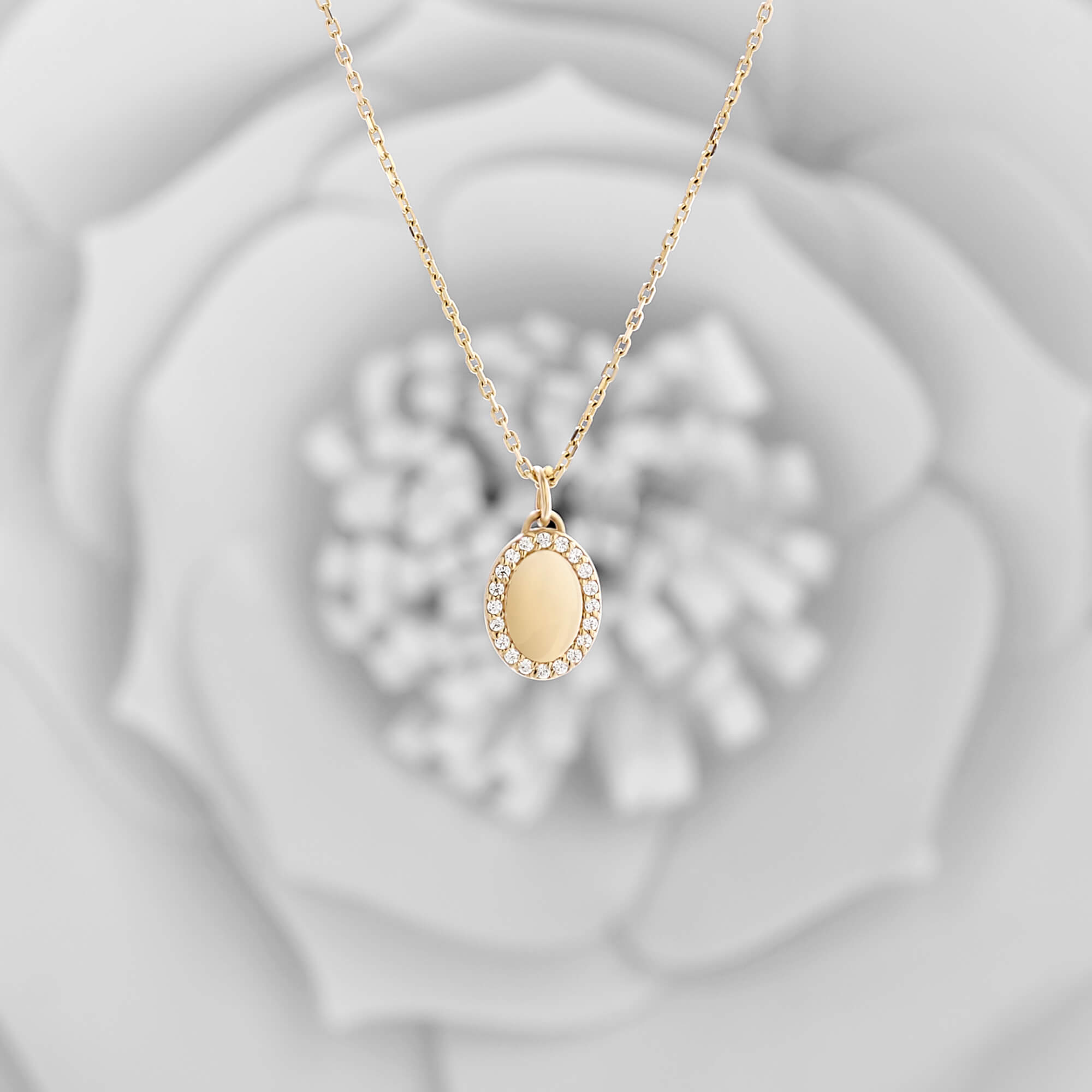 Women's Oval Signet Engravable Pendant Paved with Cubic Zirconia