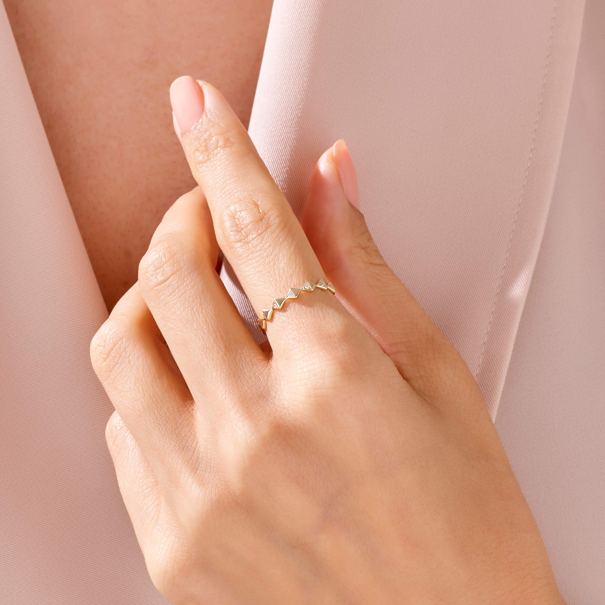 Square Dot Band Ring Paved with CZ in 14k Solid Gold