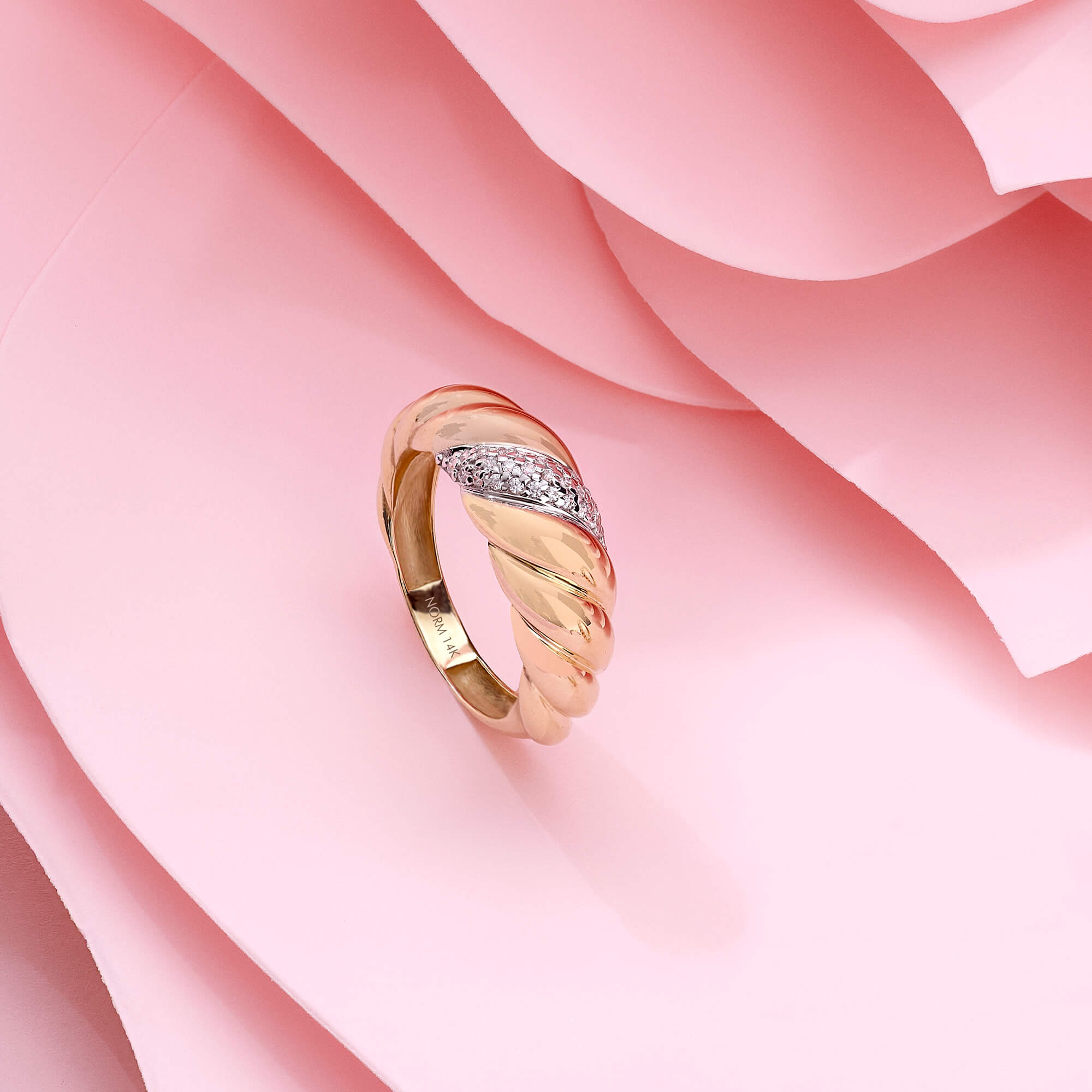 14k Real Yellow Gold Pave Twisted Croissant Ring