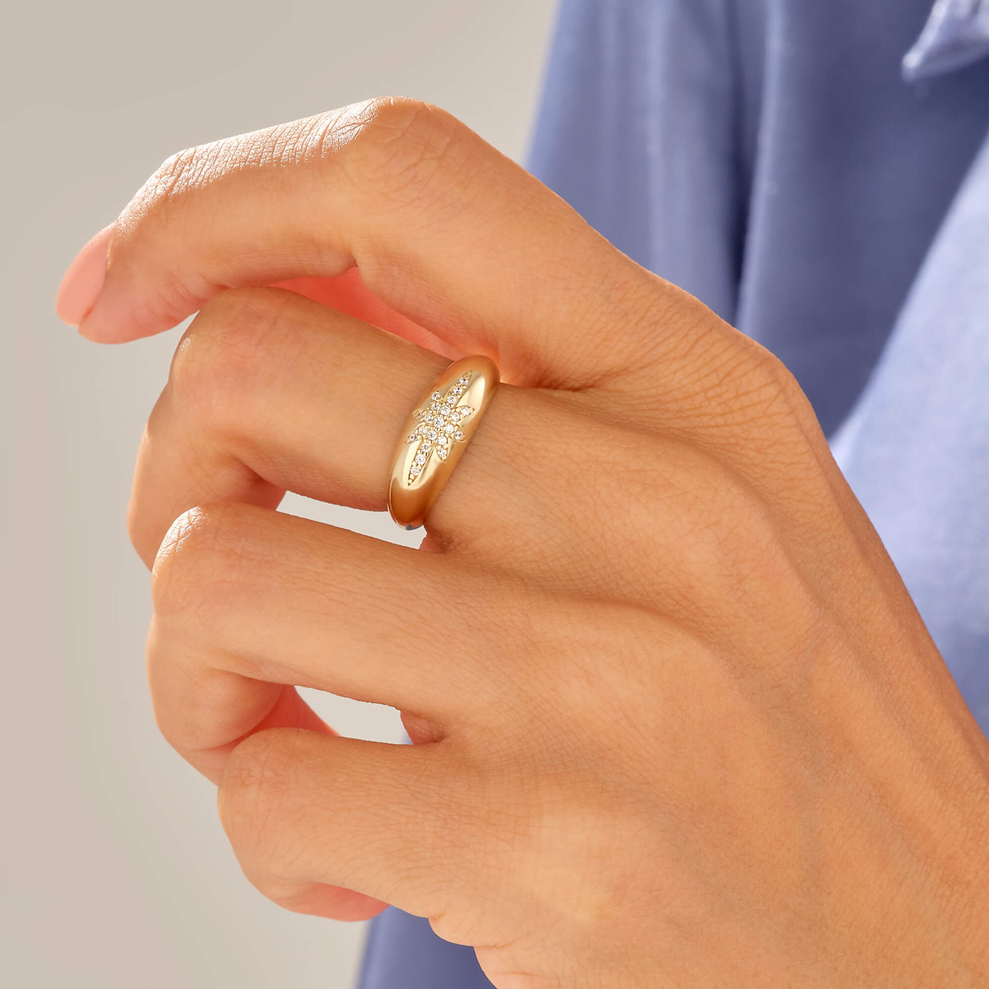 14k Solid Gold North Star Pave Dome Statement Ring for Women