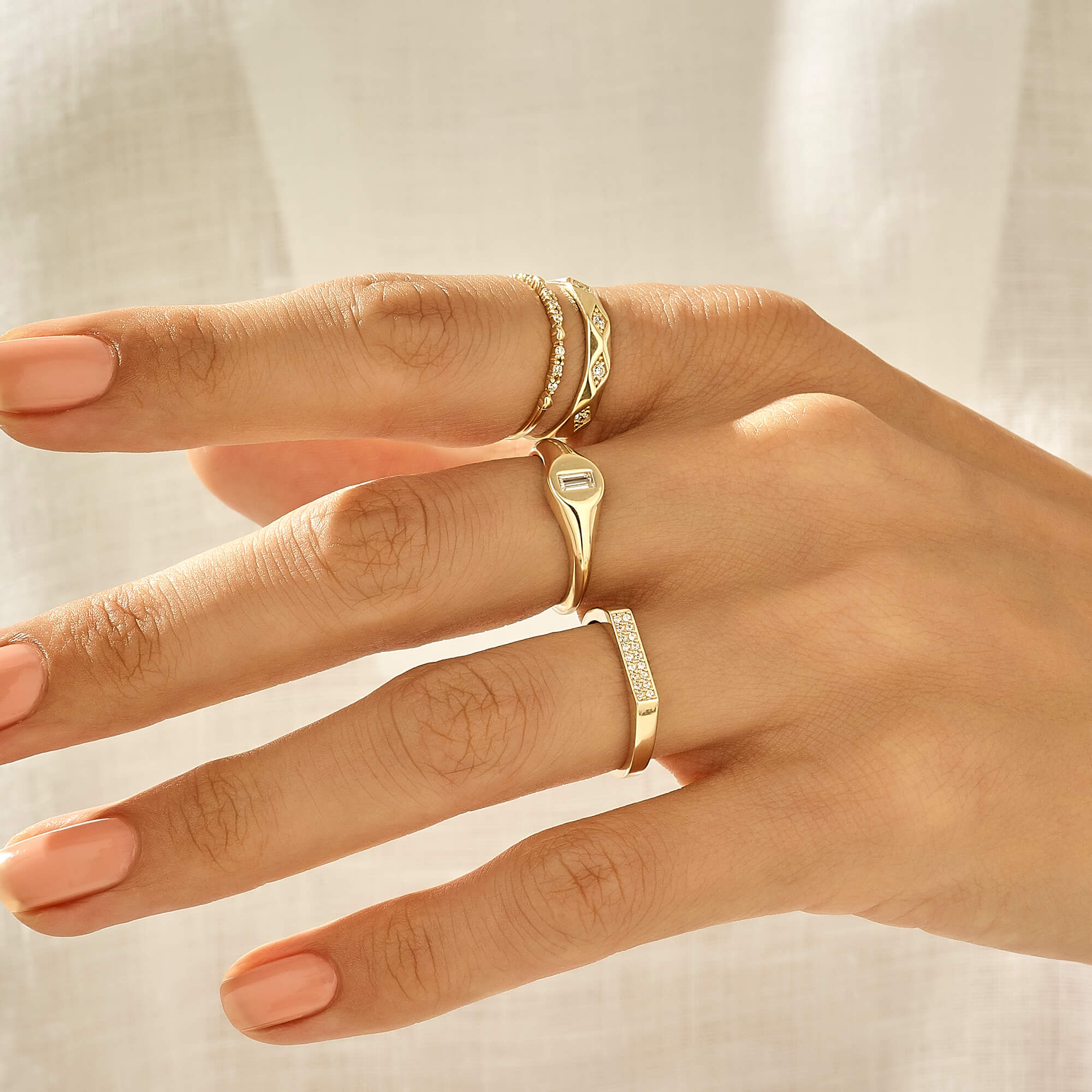 14k Real Yellow Gold Baguette Signet Ring for Women