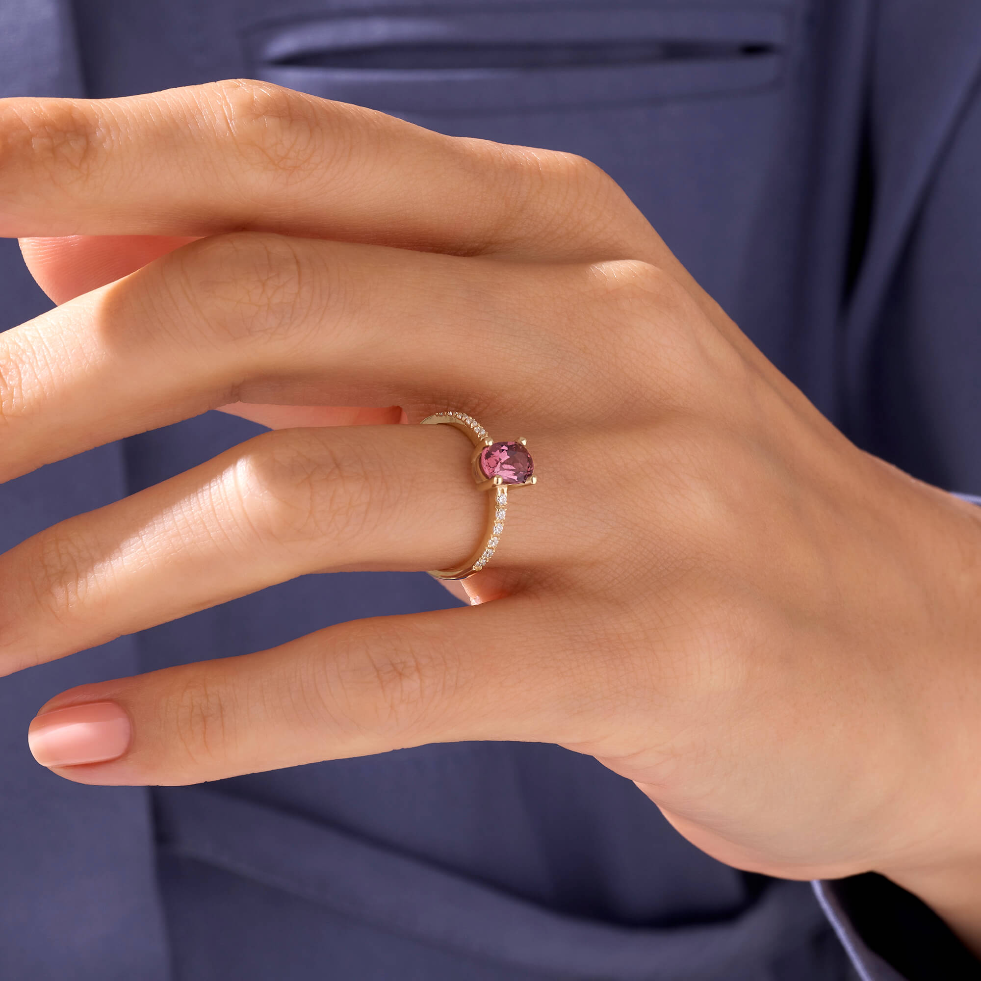 Pink Rhodolite Garnet Oval Solitaire Ring in 14k Real Yellow Gold