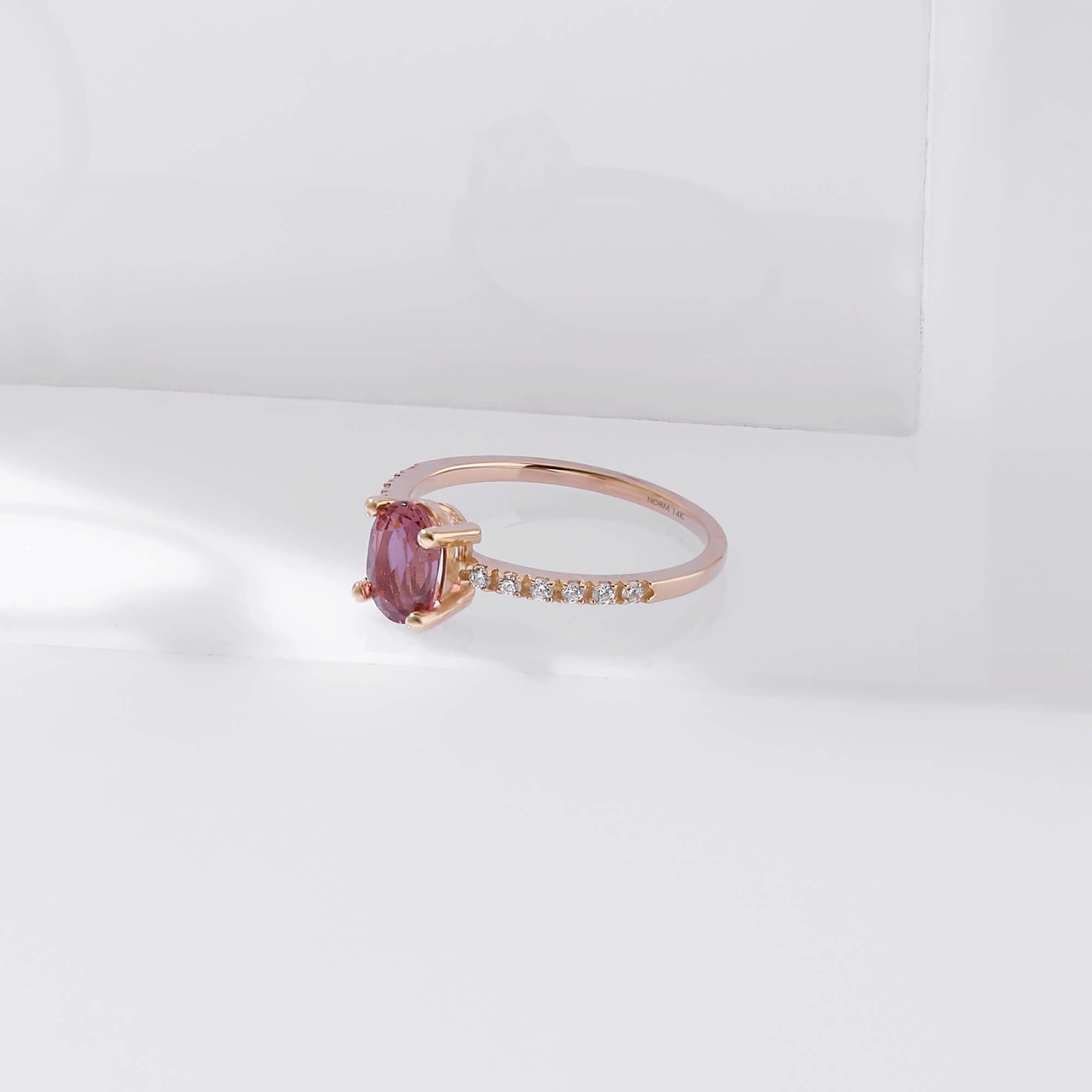 Pink Rhodolite Garnet Oval Ring Paved with CZ in Gold