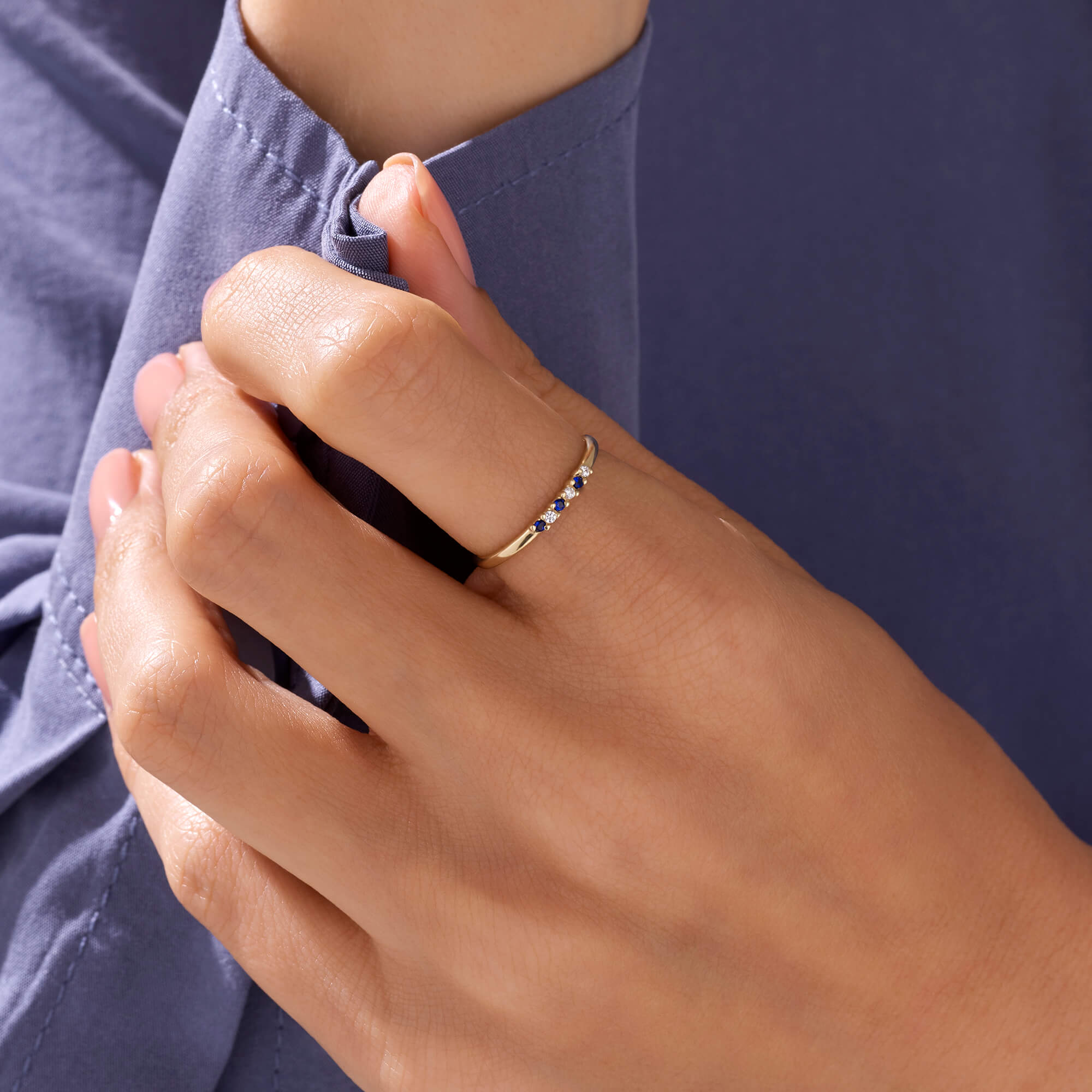 Women's Premium Band Ring with Night Blue & White CZ Stones in 14k Real Yellow Gold