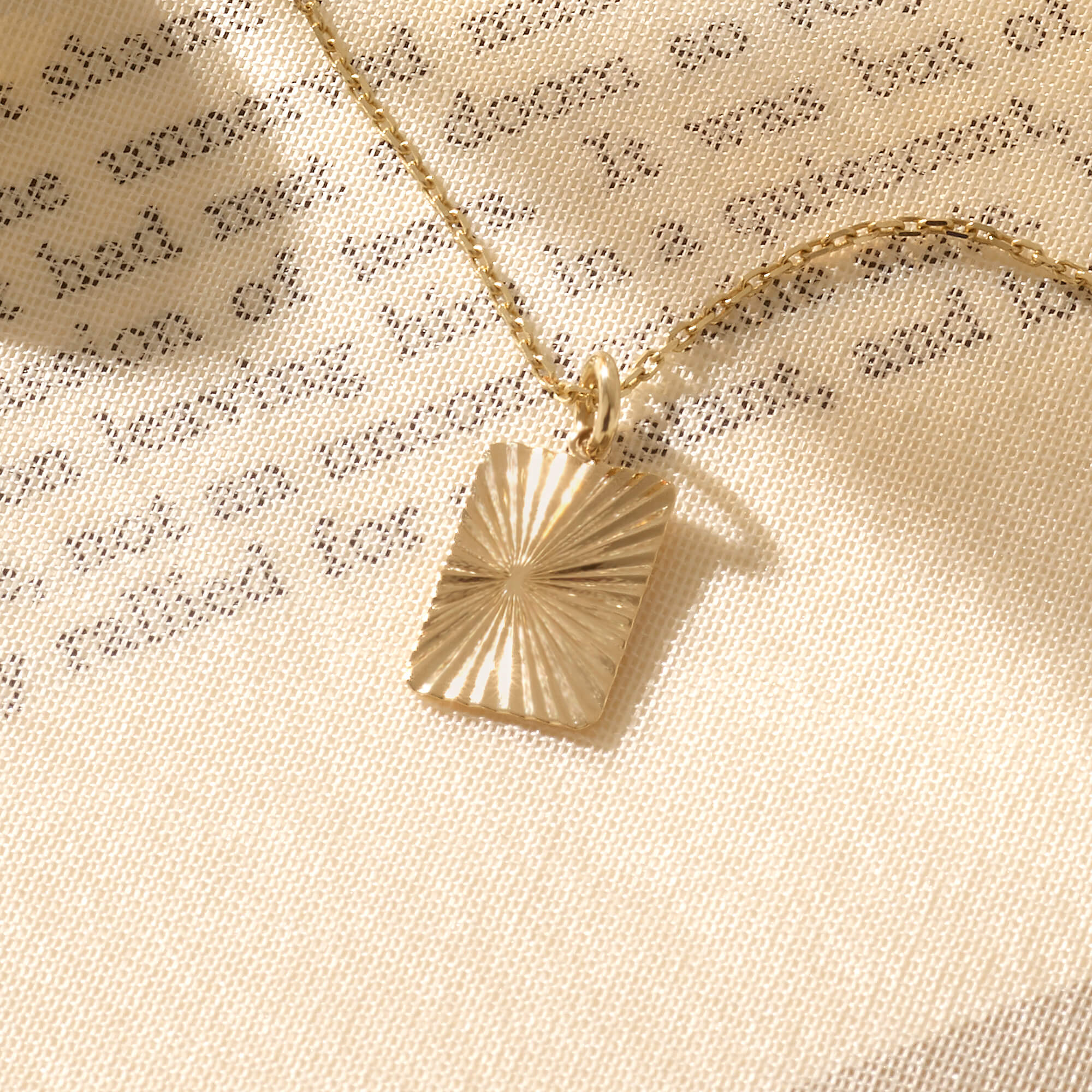 Sun Ray Engraved Rectangle Layer Necklace 14k Real Gold