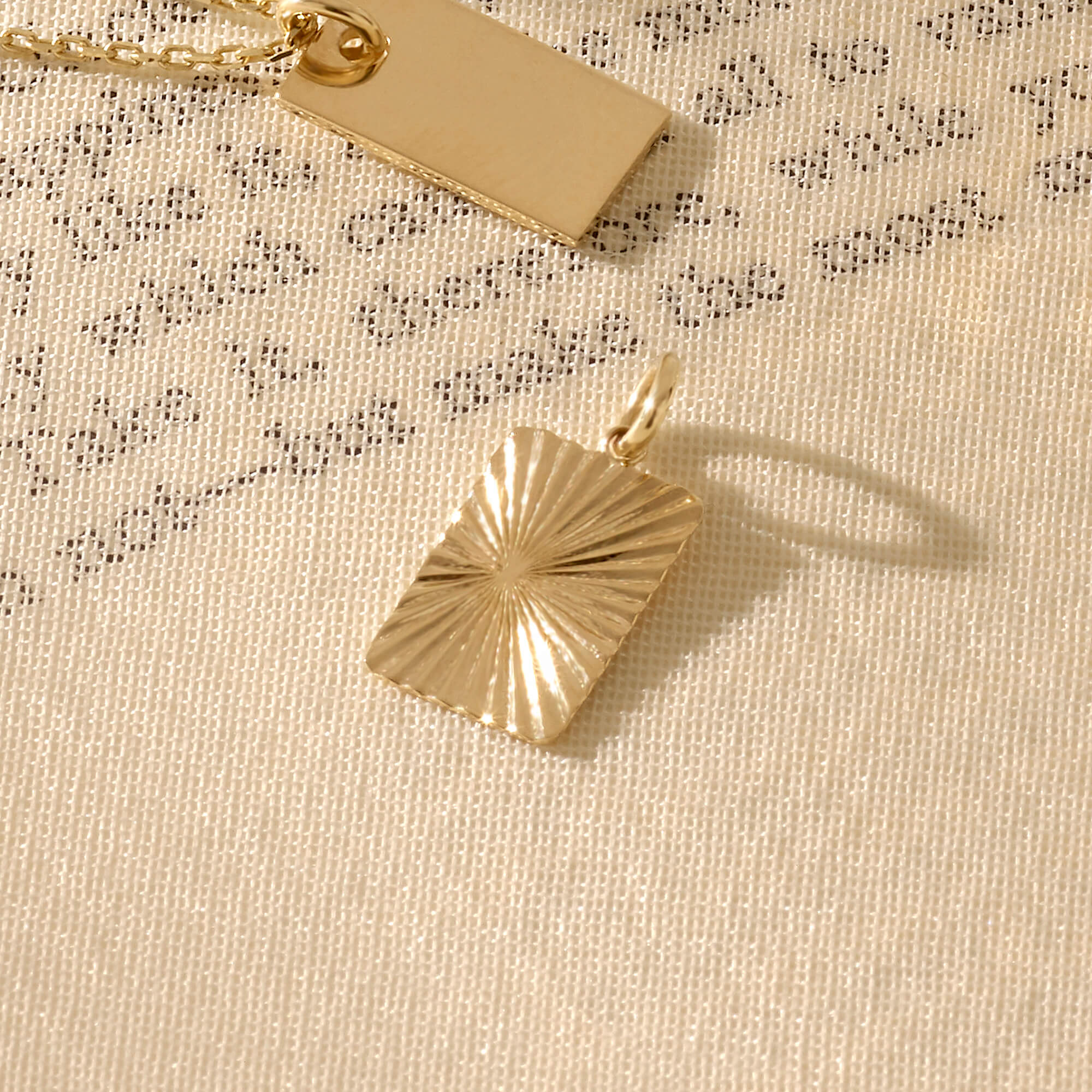 Sun Ray Engraved Rectangle Pendant Necklace 14k Real Gold
