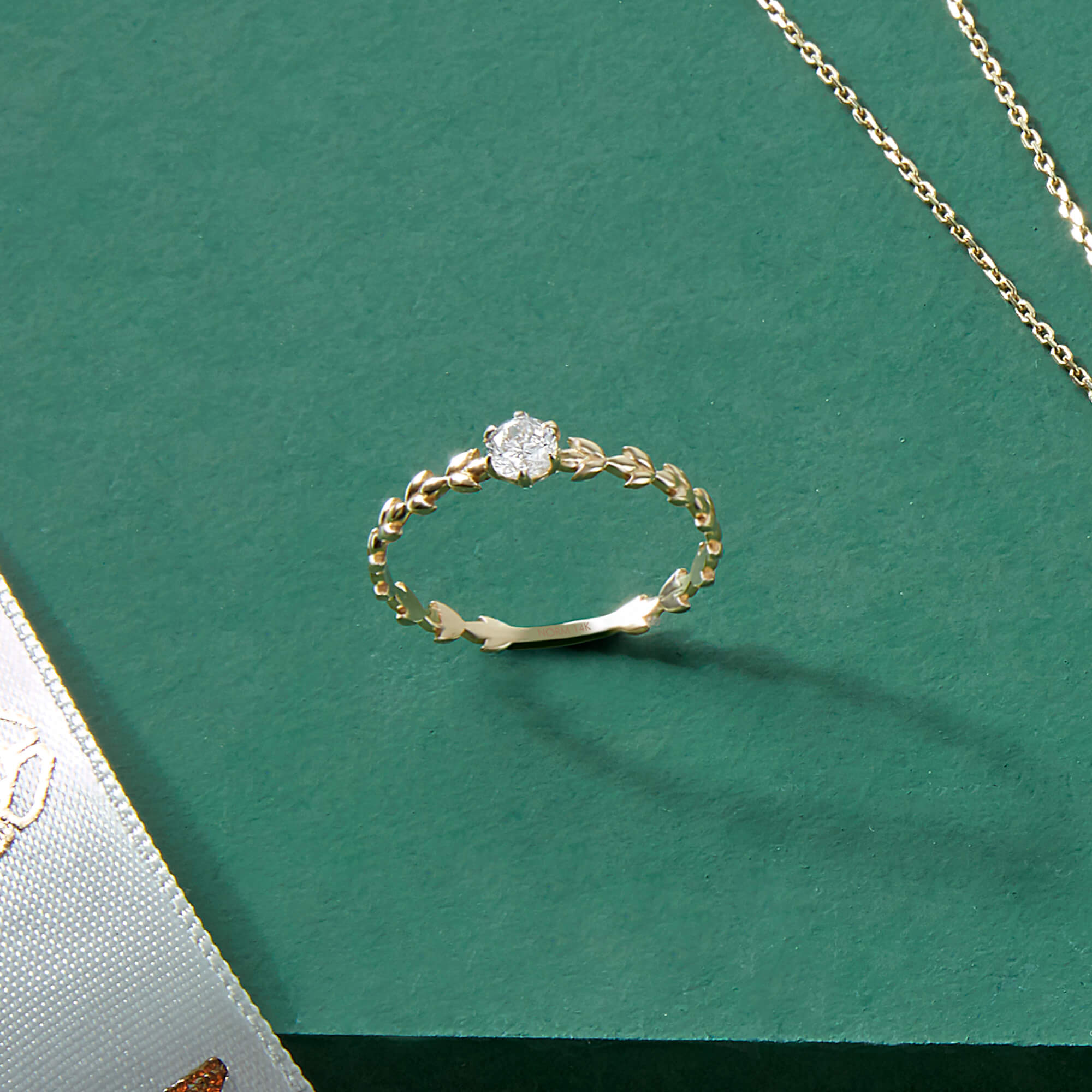 Solitaire Olive Leaf Stacking Ring in 14k Real Yellow Gold