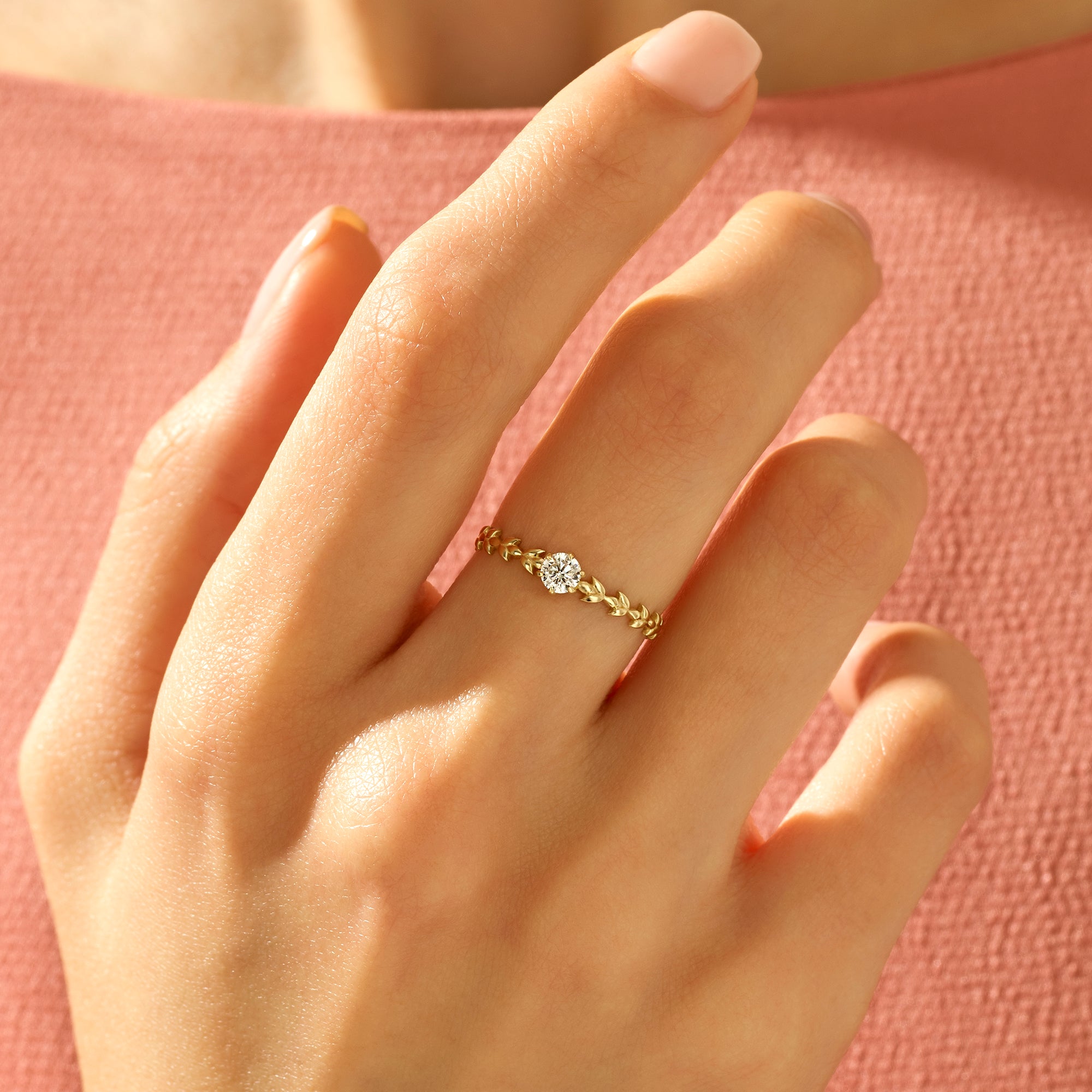 0.15ct Round Cut Diamond Solitaire Vine Ring in 14k Real Gold