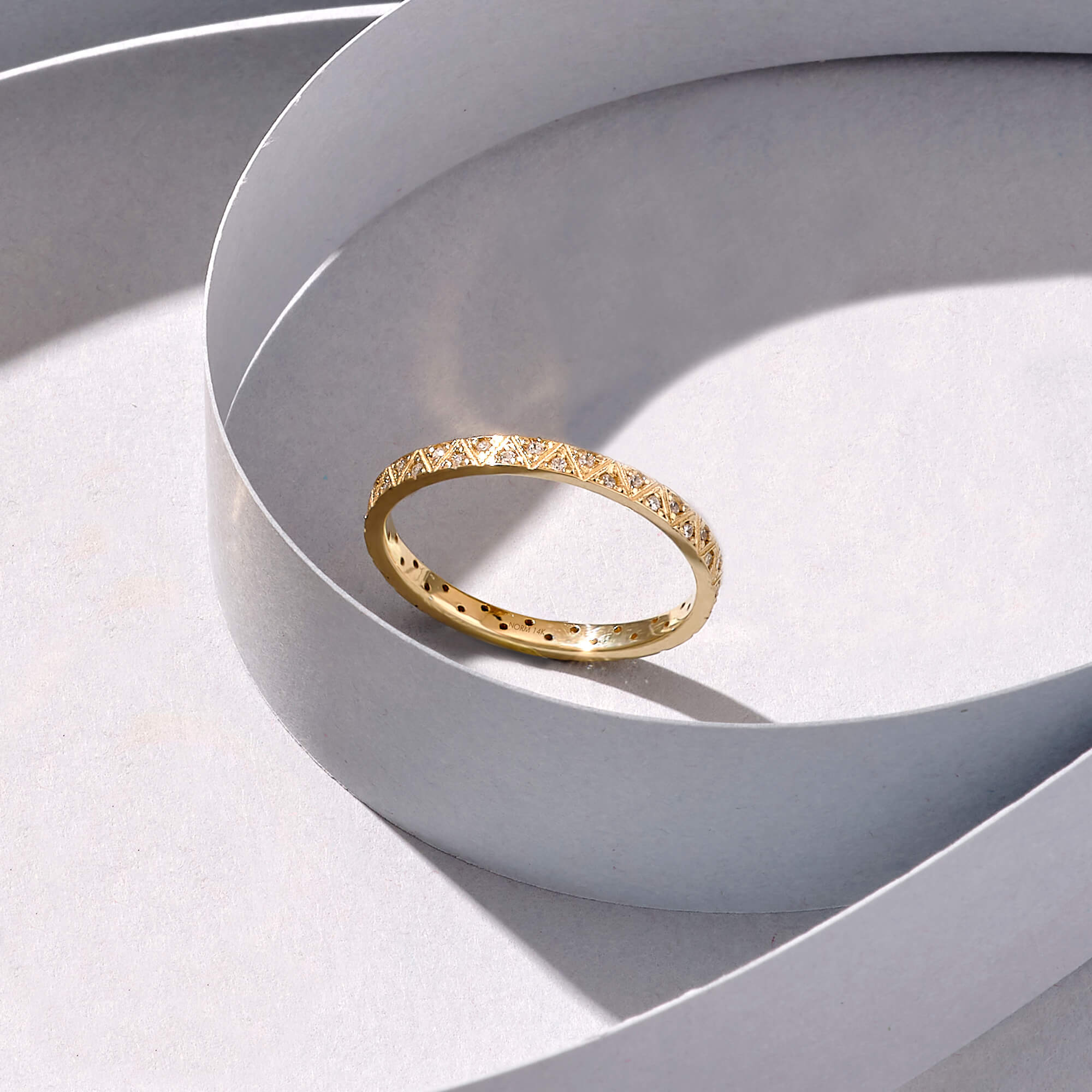 Women's 14k Real Gold Triangle Wedding Band Ring Paved with White Stones