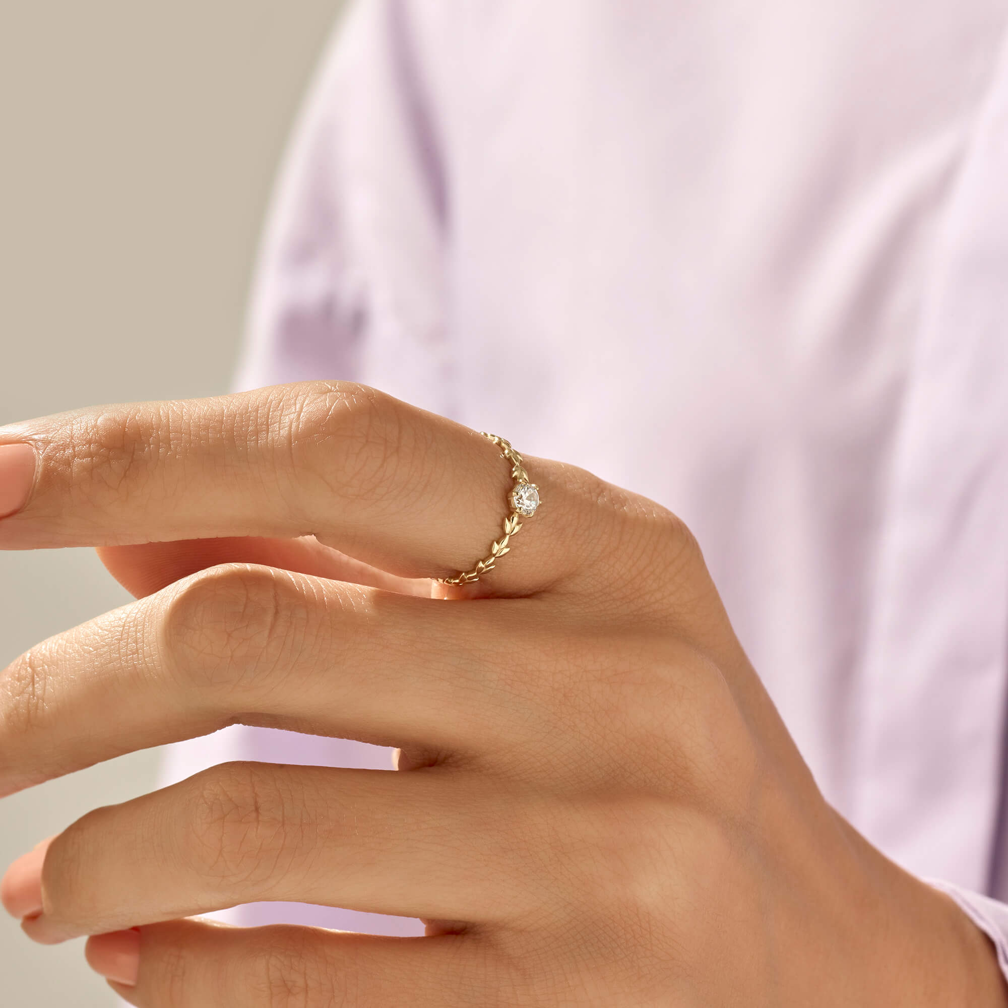 Minimalist Solitaire Vine Ring in 14k Real Yellow Gold