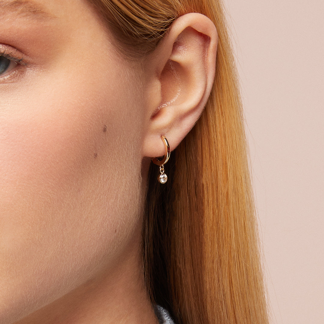 14k Gold Solo White CZ Hoop Earrings