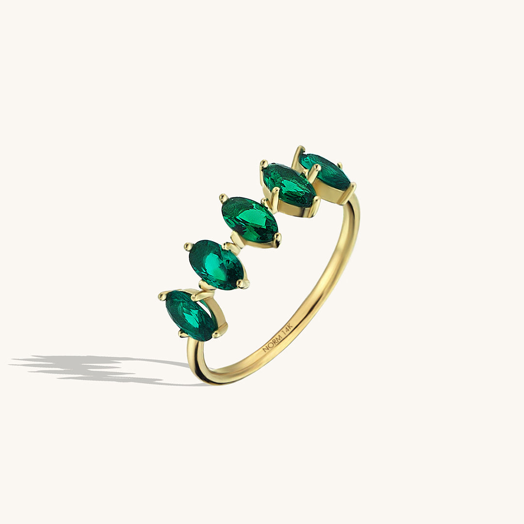 Women's 5 Stone Emerald Ring 14k Solid Gold