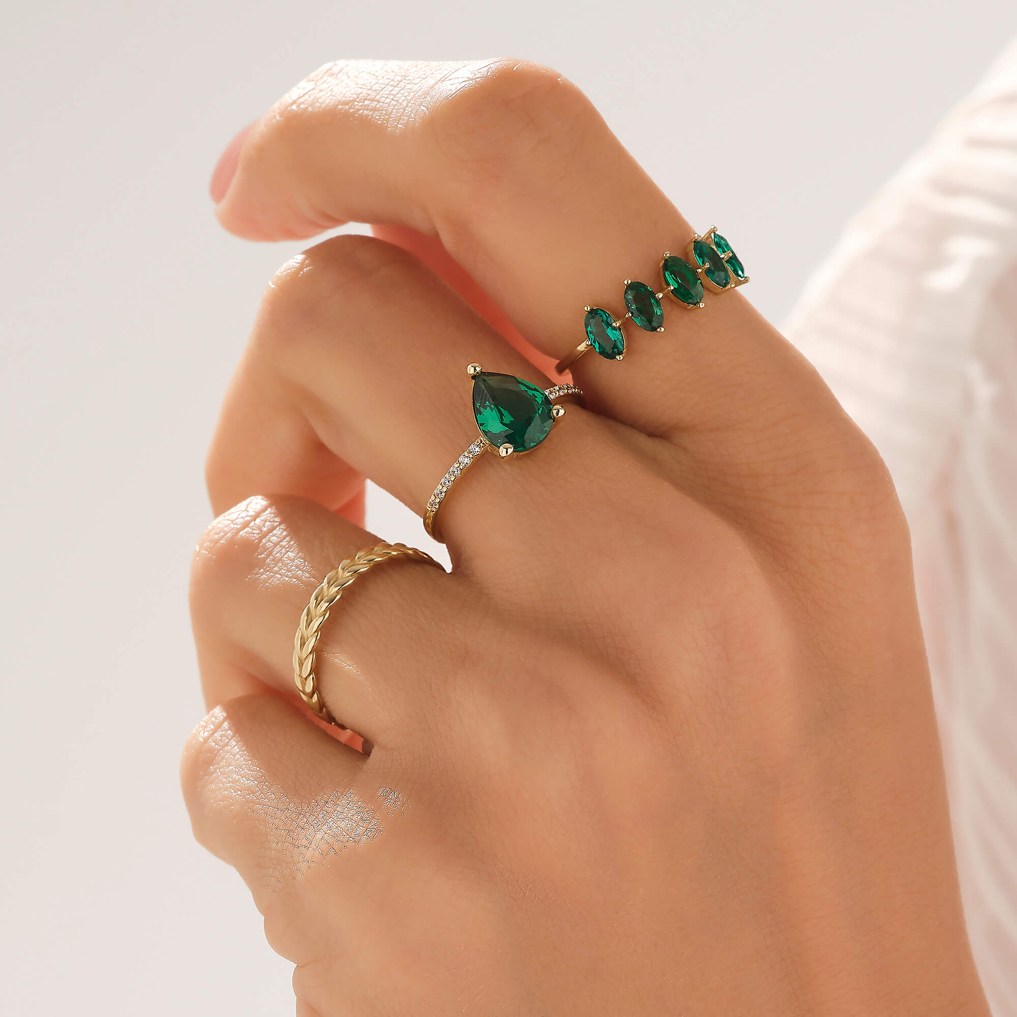 5 Stone Oval Cut Emerald Ring in 14k Real Yellow Gold