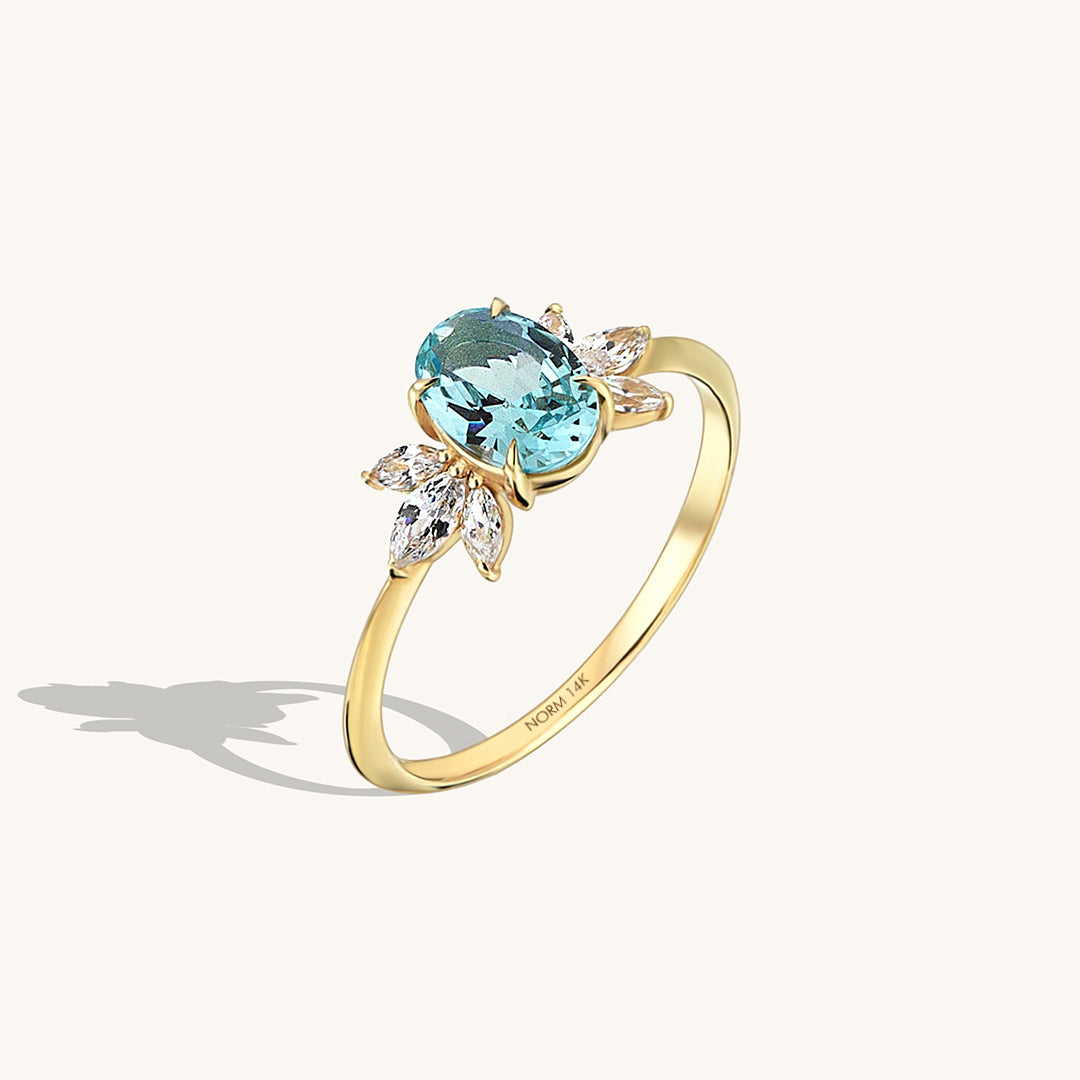 Women's Aquamarine Flower Ring in 14k Real Yellow Gold