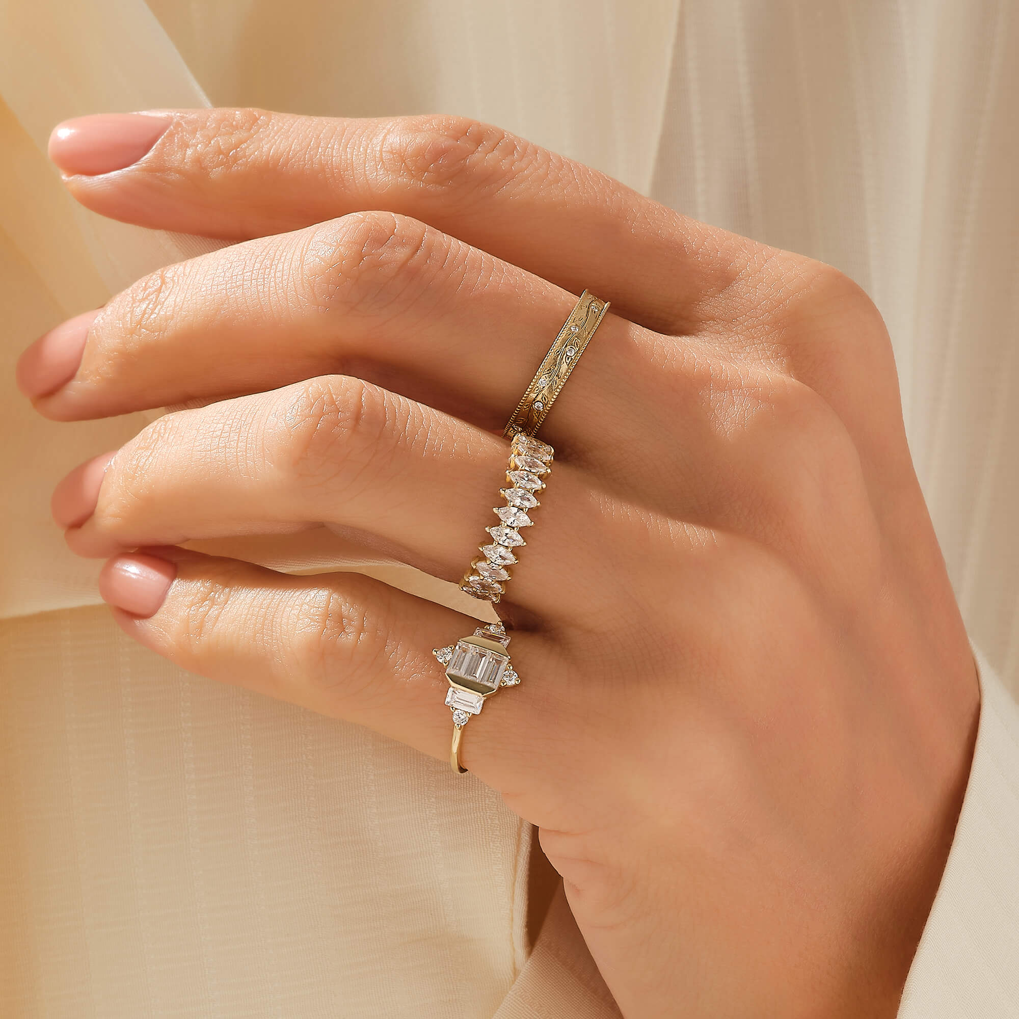 14k Solid Gold Art Deco Anniversary Ring for Women