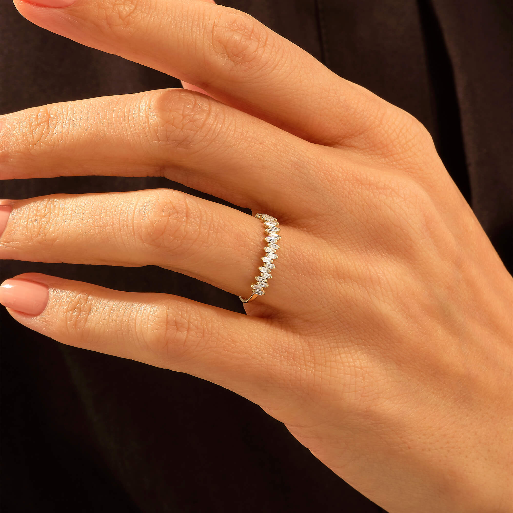 Half Eternity Ring Paved with Baguette Cut CZ in 14k Real Gold