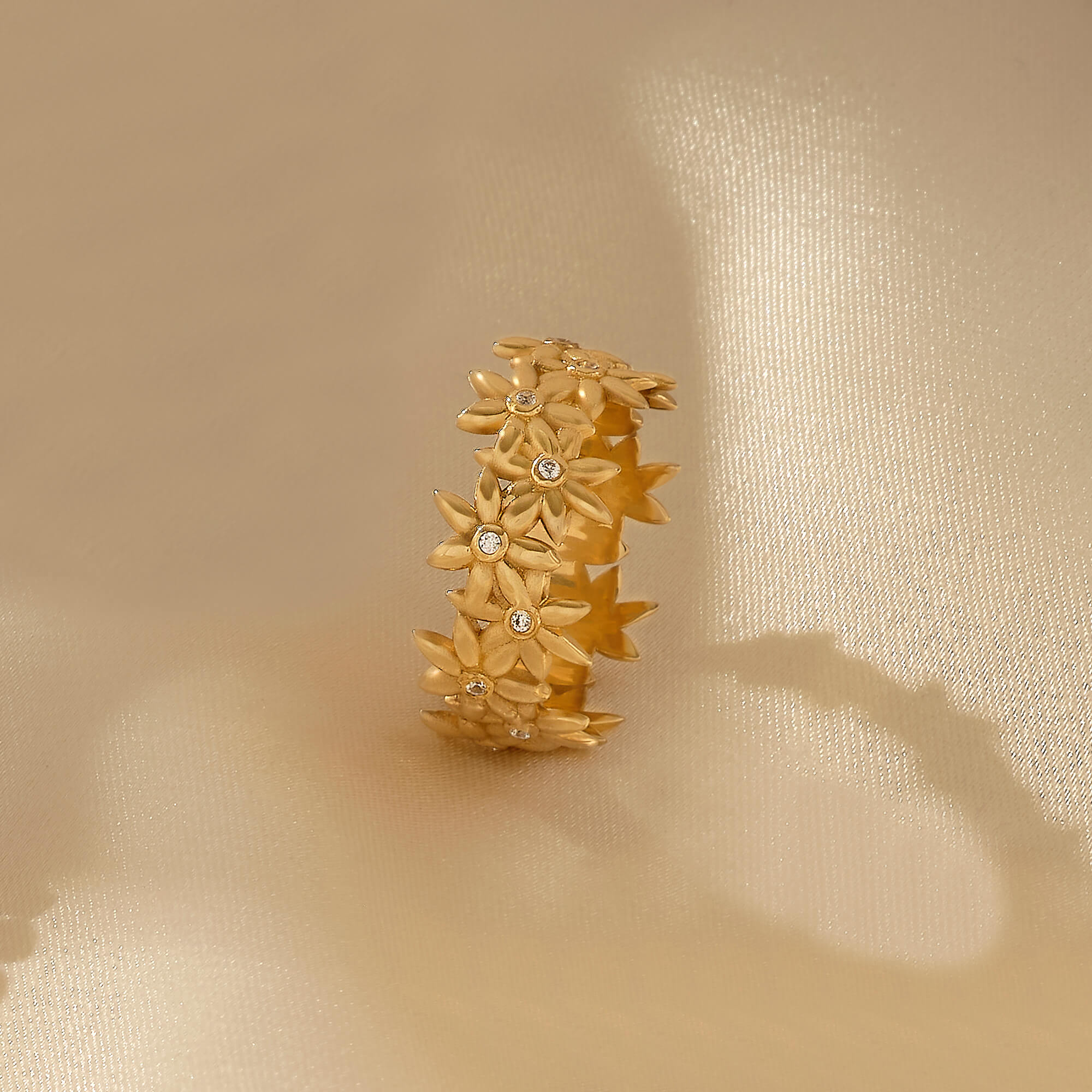 Dainty Bold Flower Statement Band Ring in 14k Real Yellow Gold