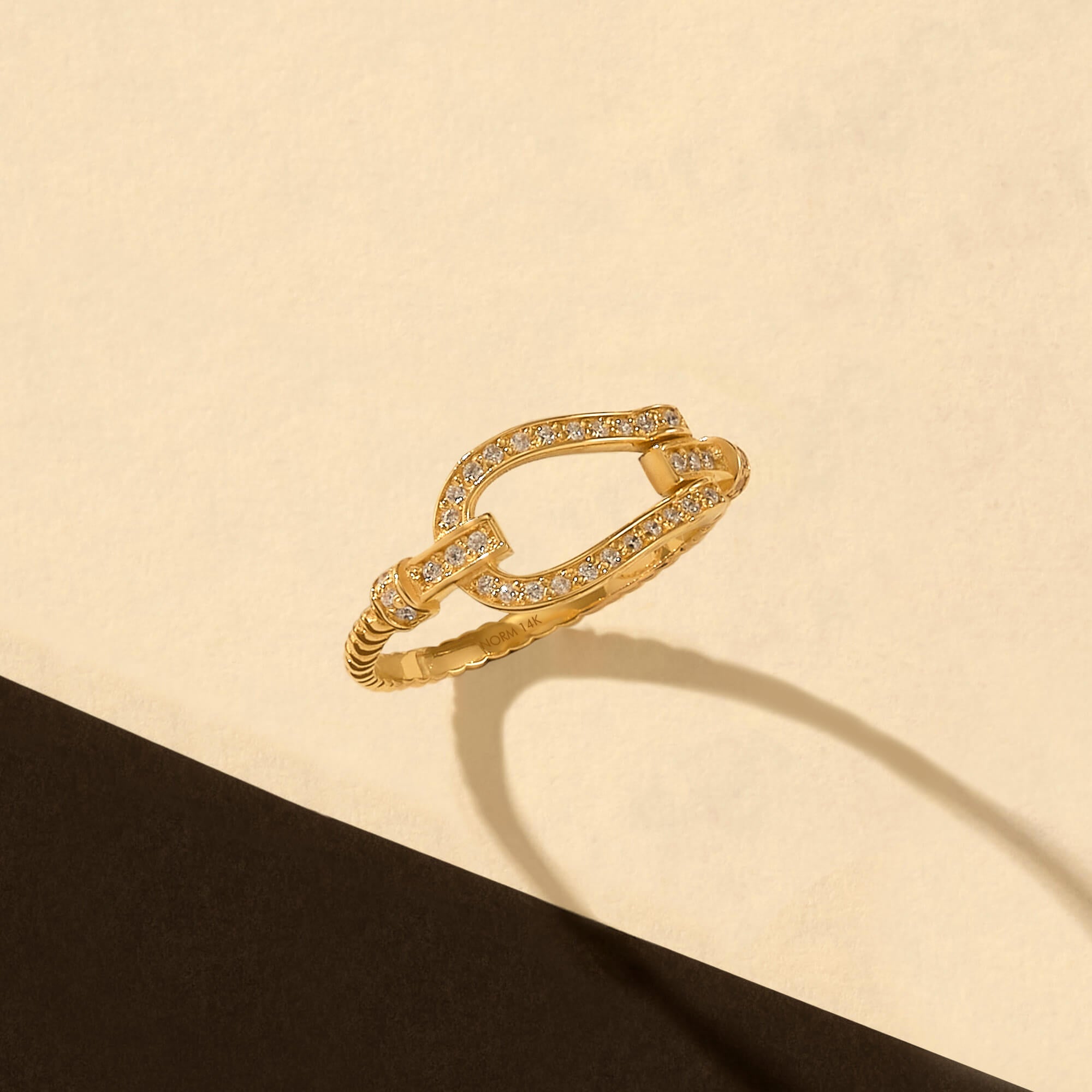 Women's Belt Buckle Ring Paved with White CZ Stones in 14k Solid Gold