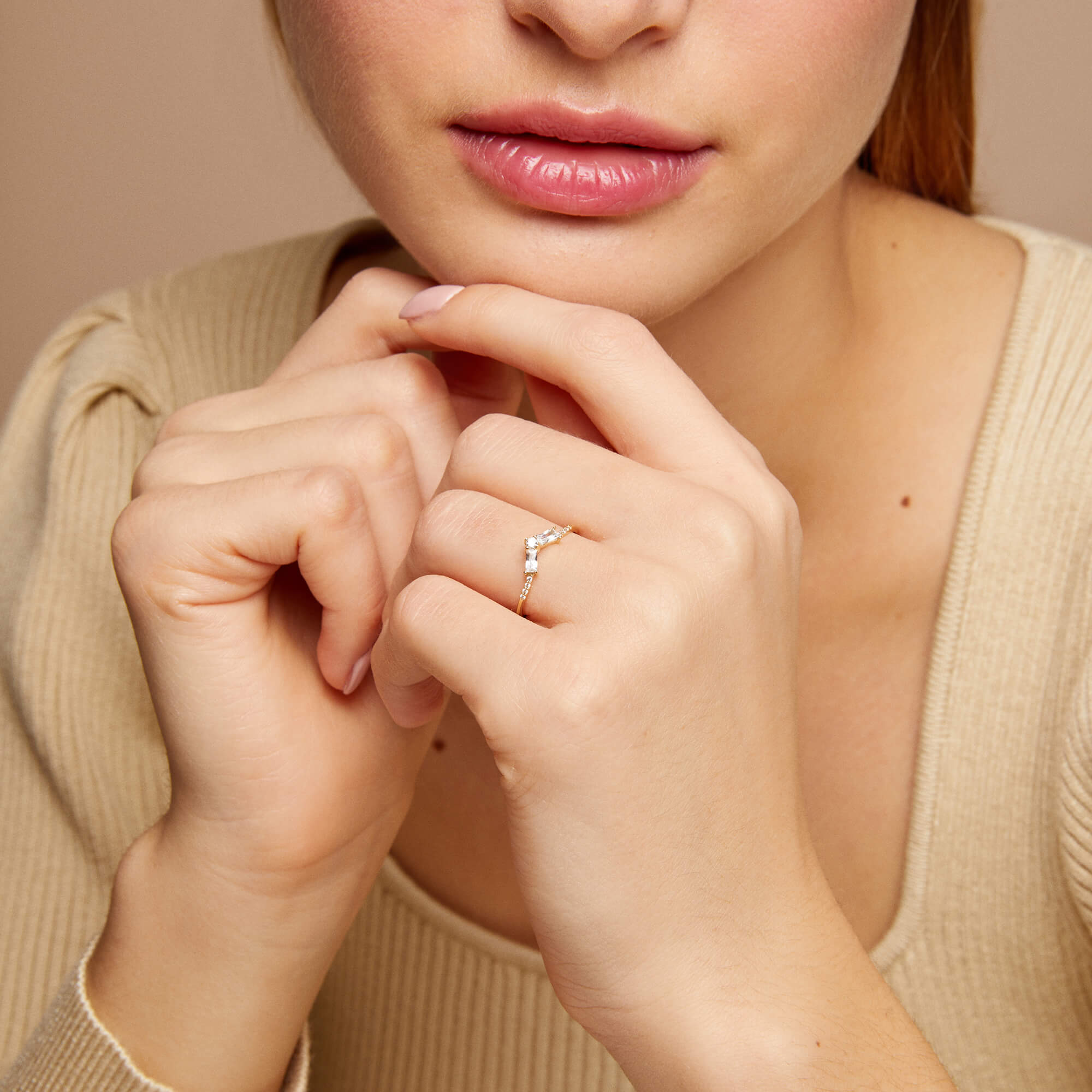 Dainty Curved Baguette Ring in 14k Real Yellow Gold