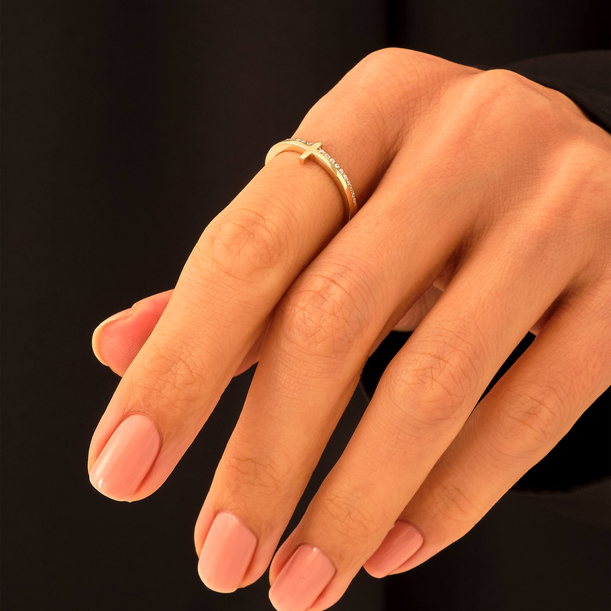 Women's Diamond Sideways Cross Stacking Ring 14k Solid Gold