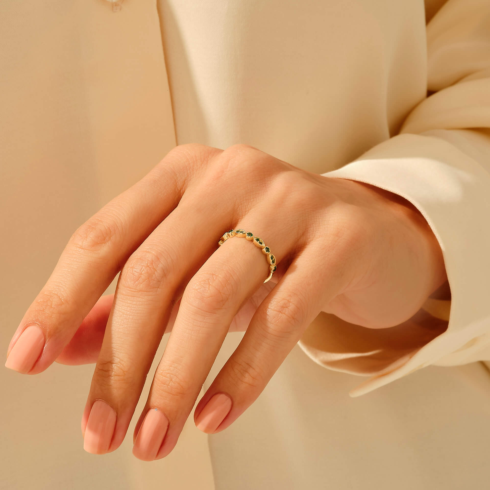 14k Real Gold Emerald Eternity Band Ring