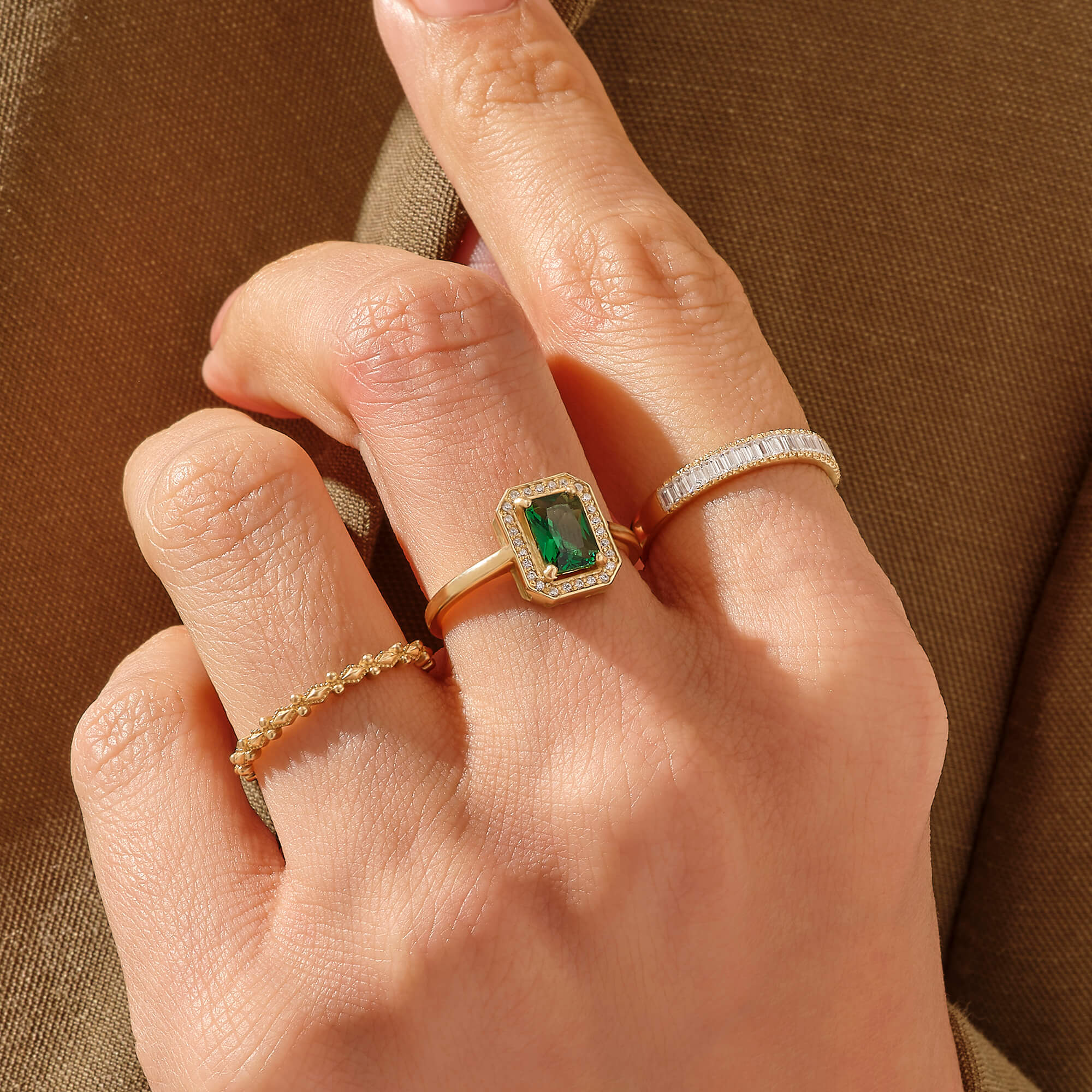 14k Real Yellow Gold Emerald Halo Engagement Ring