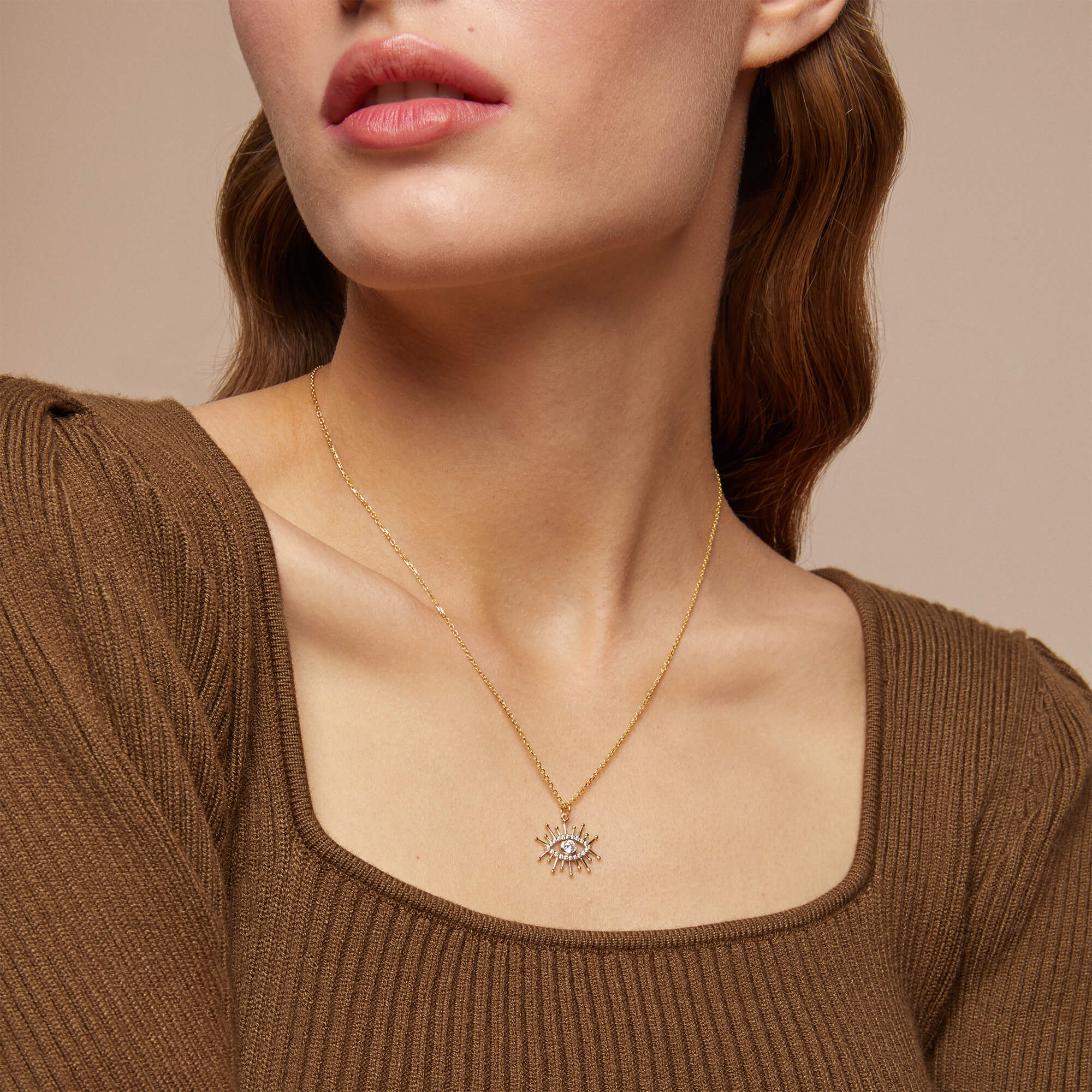 14k Solid Gold Evil Eye Pendant Paved with Cubic Zirconia