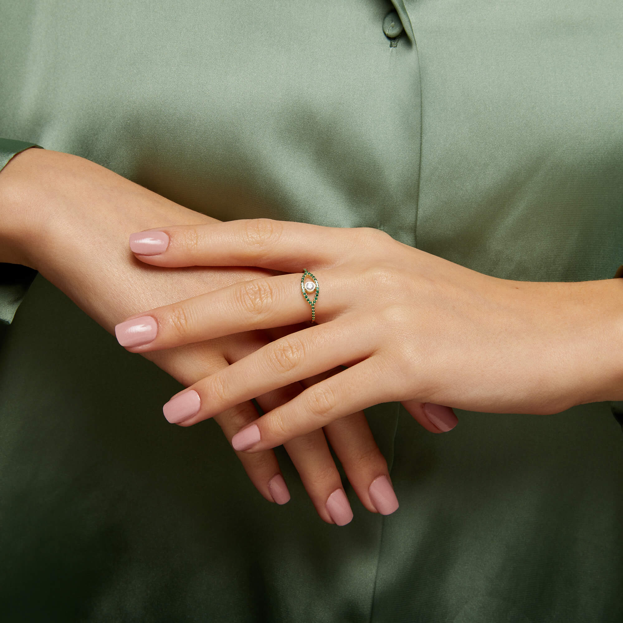 Women's Evil Eye Ring Paved with Green CZ in 14k Solid Gold