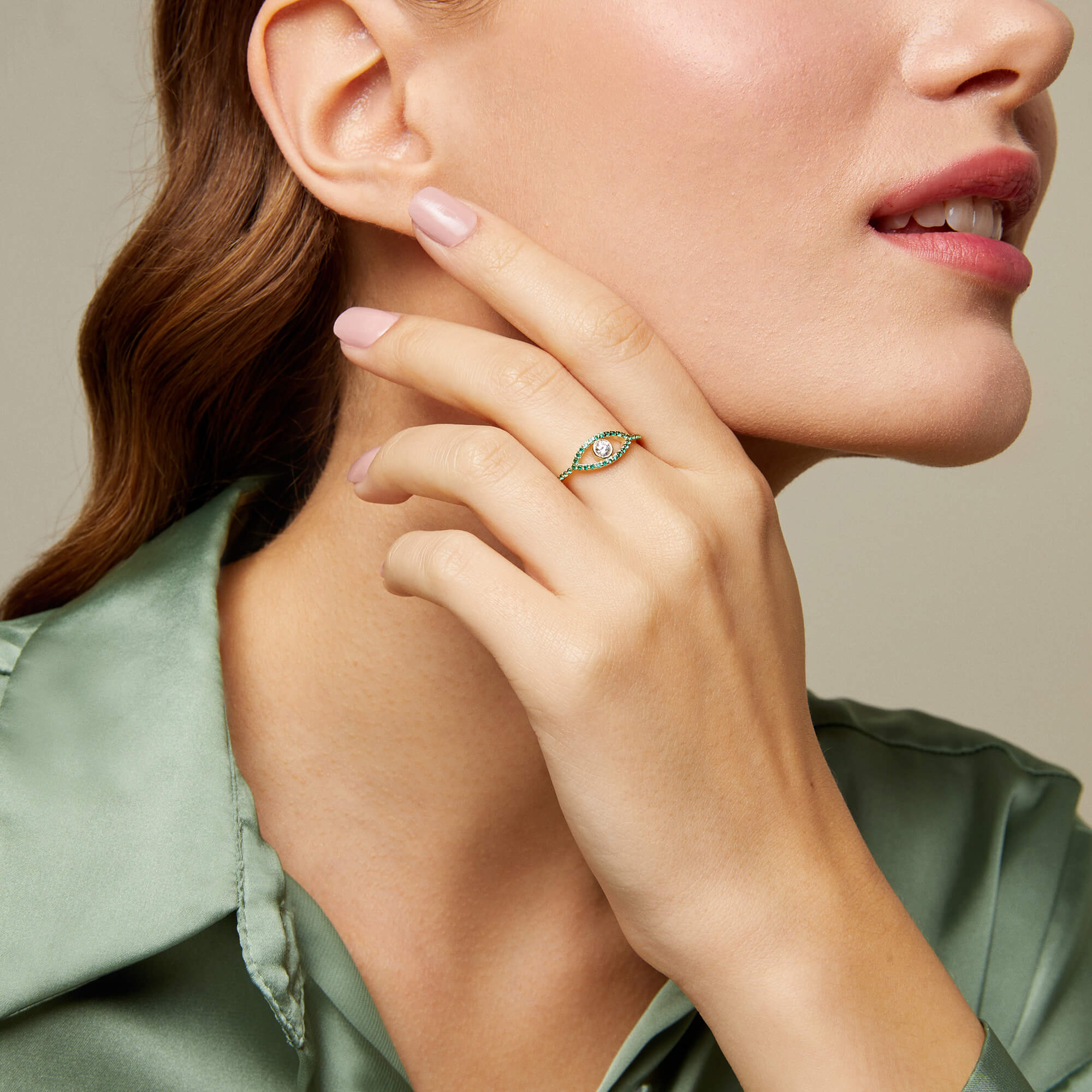 Women's Evil Eye Ring with Green CZ in 14k Real Gold
