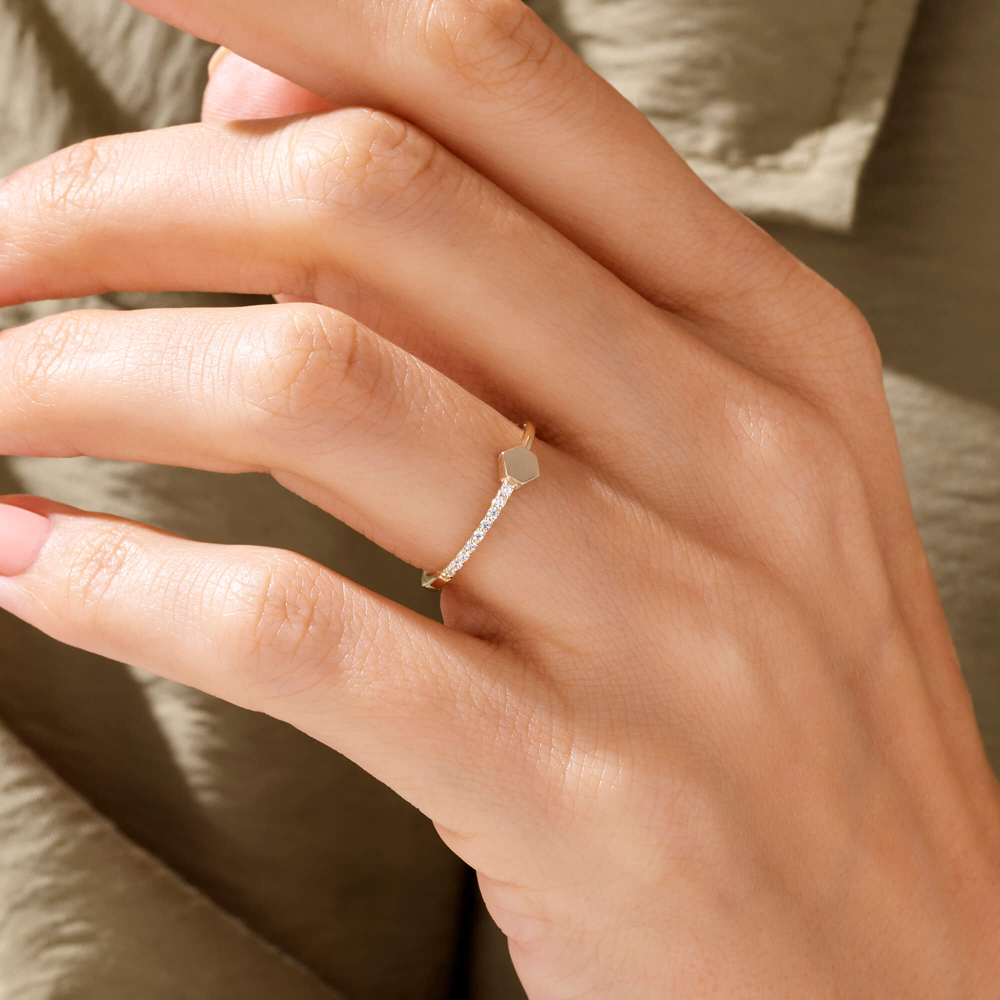 Half Eternity Signet Stacking Ring in 14k Real Yellow Gold