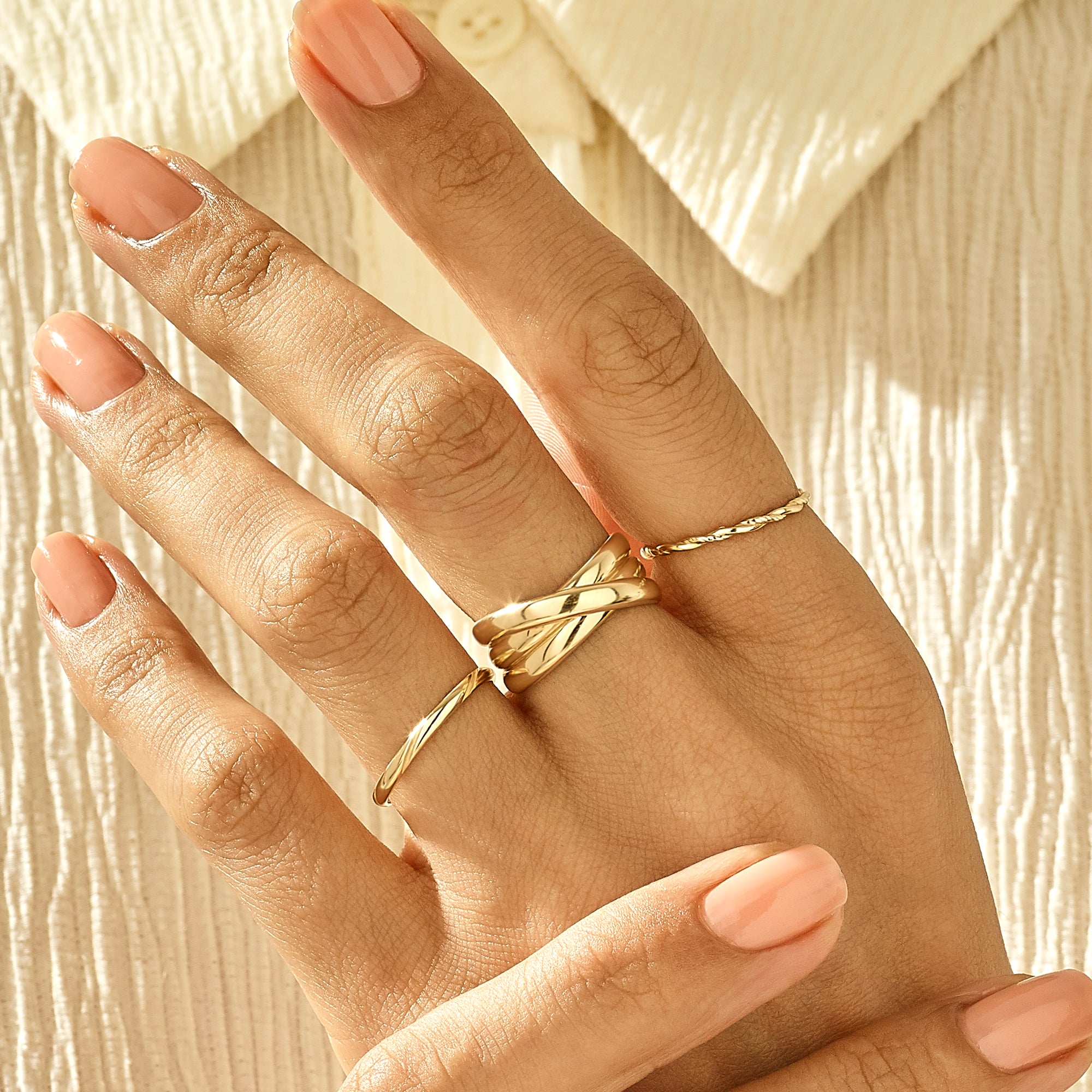 Hammered Twisted Stacking Ring in Solid Gold,
