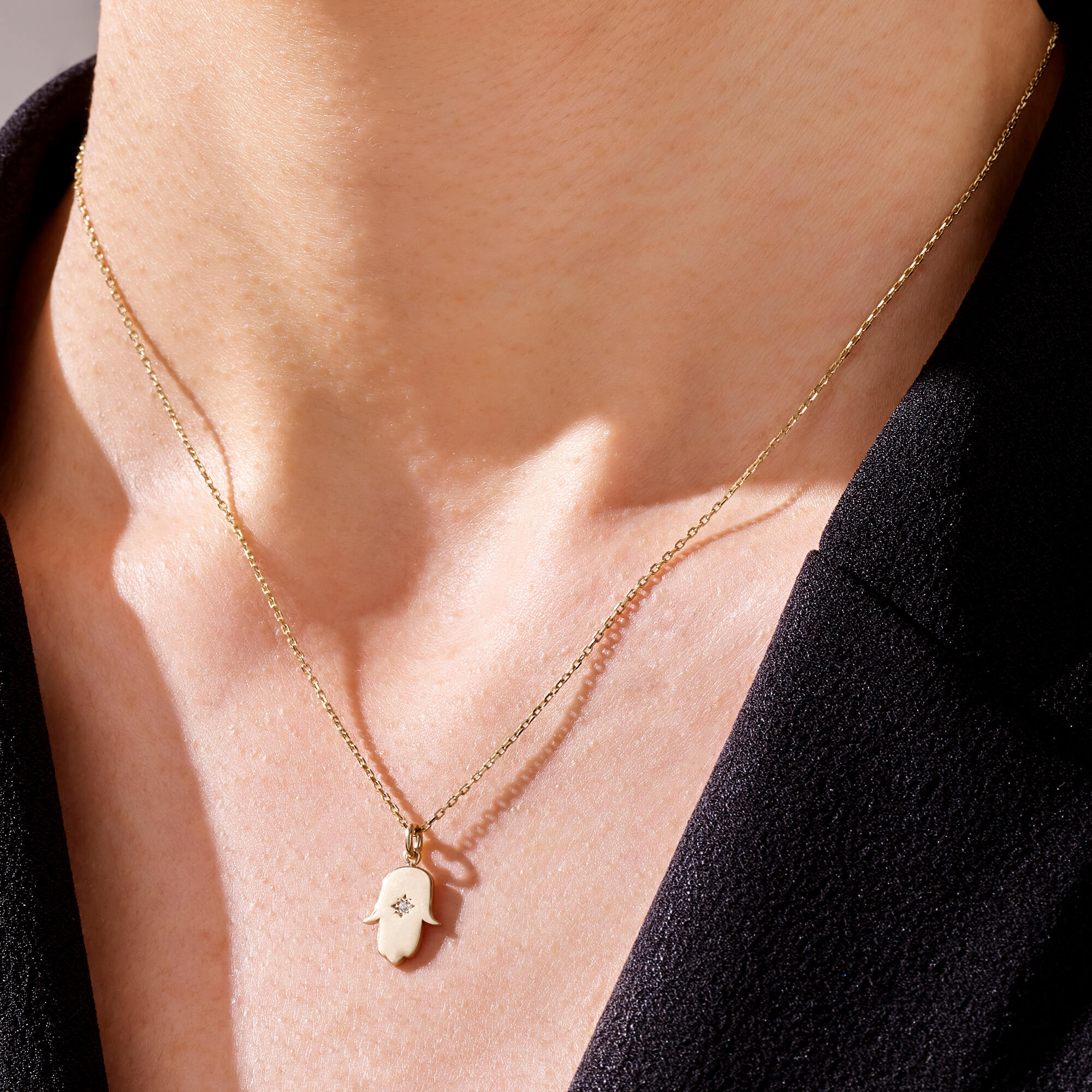 Eye of Protection Hamsa Hand Necklace in 14k Real Yellow Gold