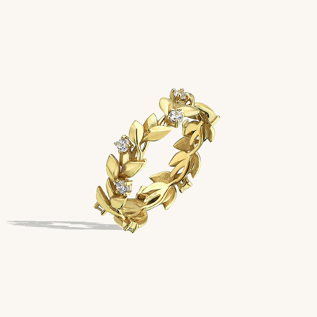 14k Real Gold Leaf Ring Paved with White CZ Diamonds