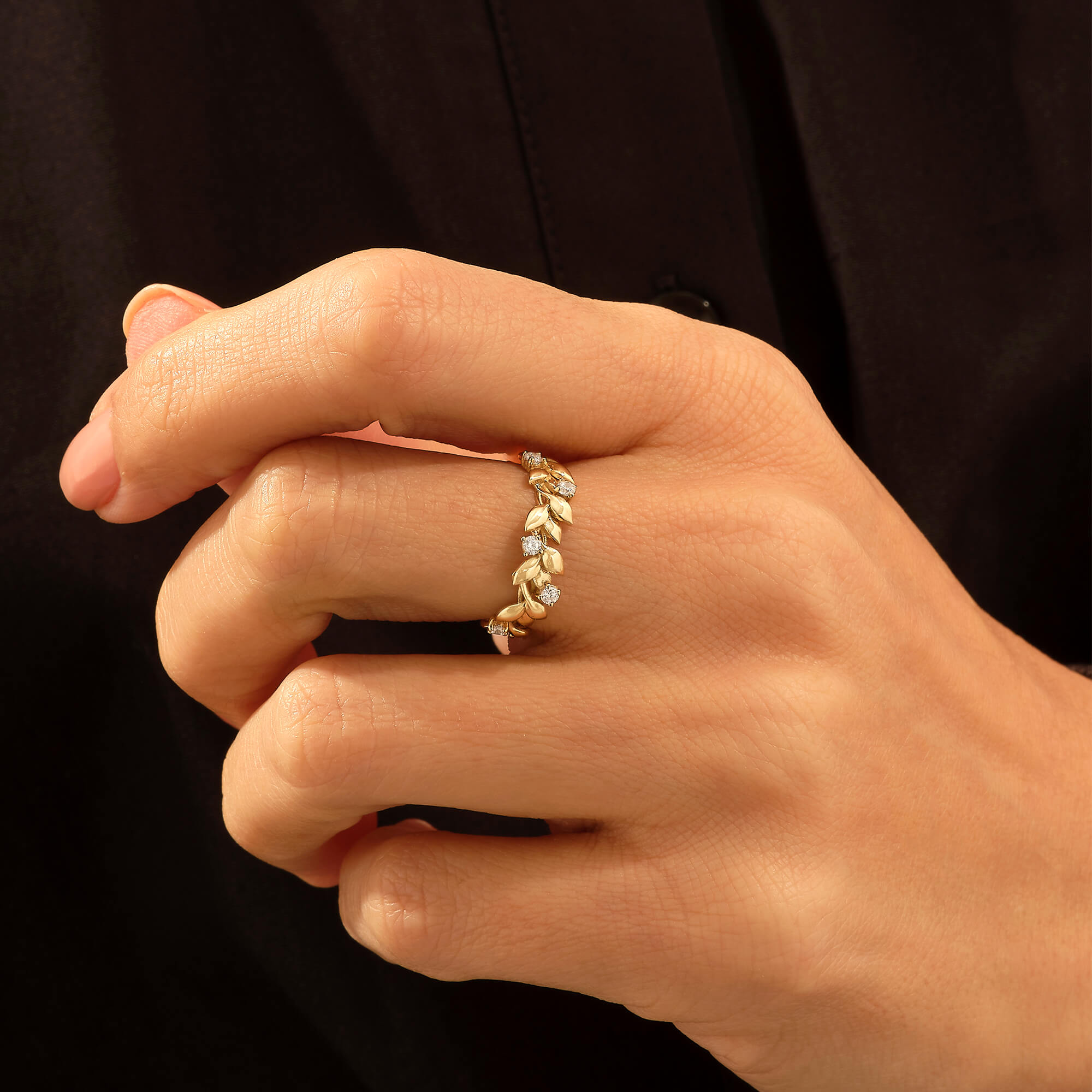 14k Solid Gold Leaf Pave Ring with 4.40mm width
