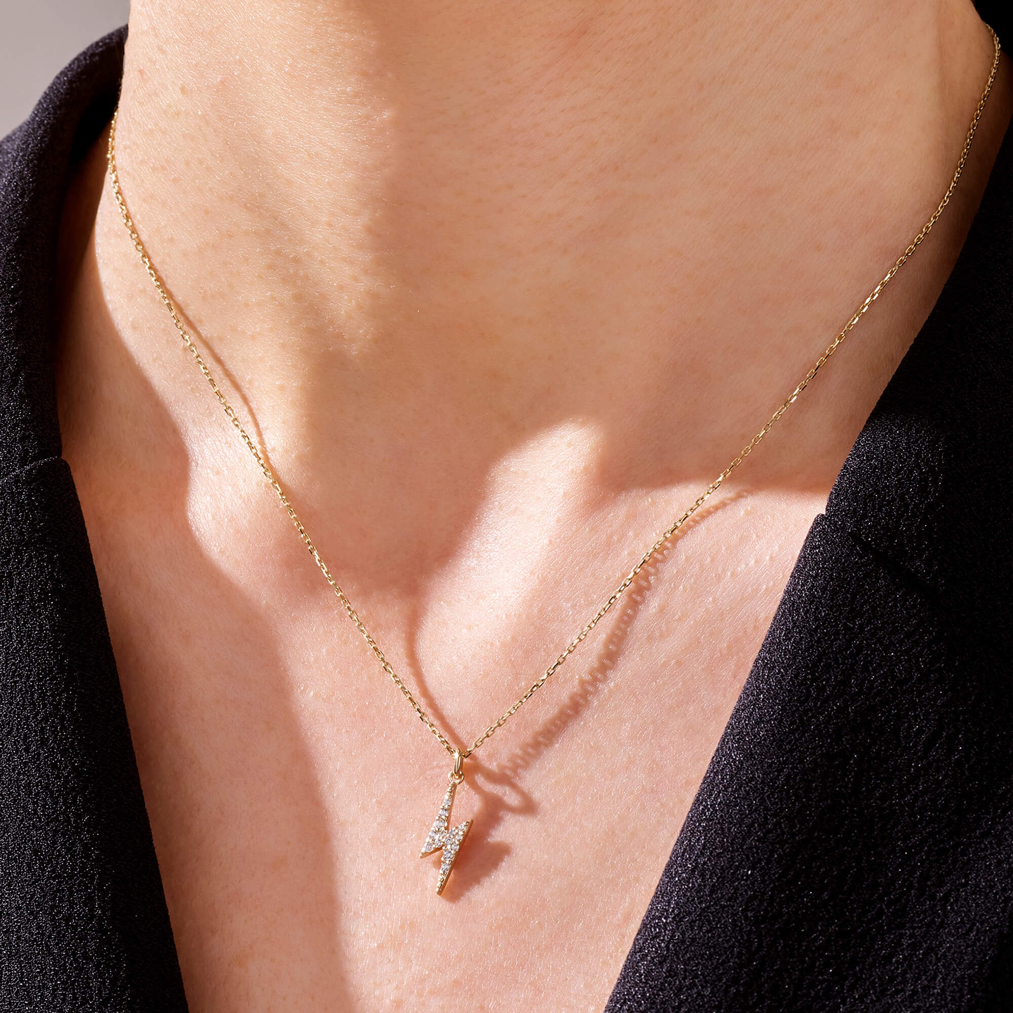 Lightning Pendant Necklace Paved with CZ in 14k Real Yellow Gold
