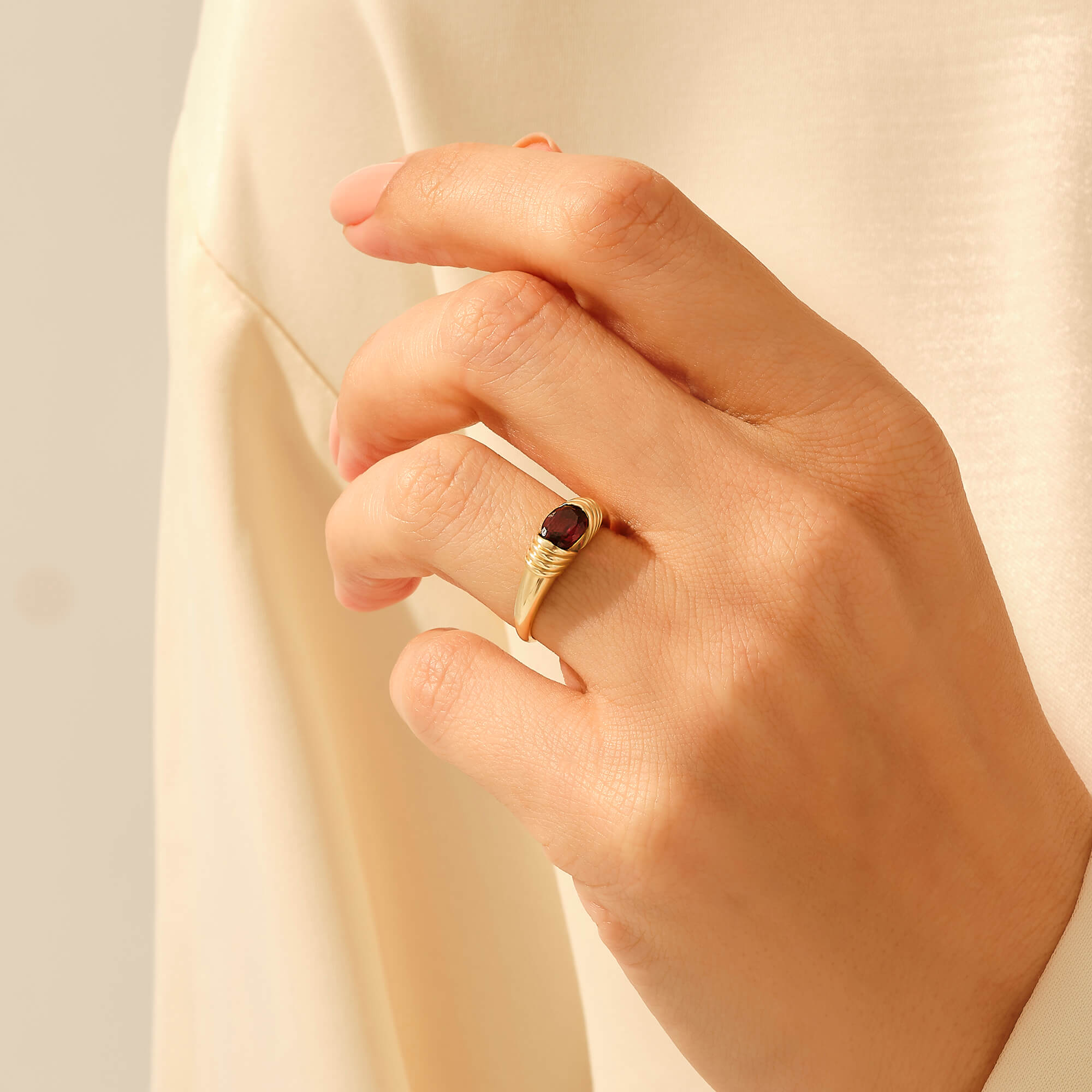 Women's Garnet Solitaire Pinky Ring in 14k Real Yellow Gold