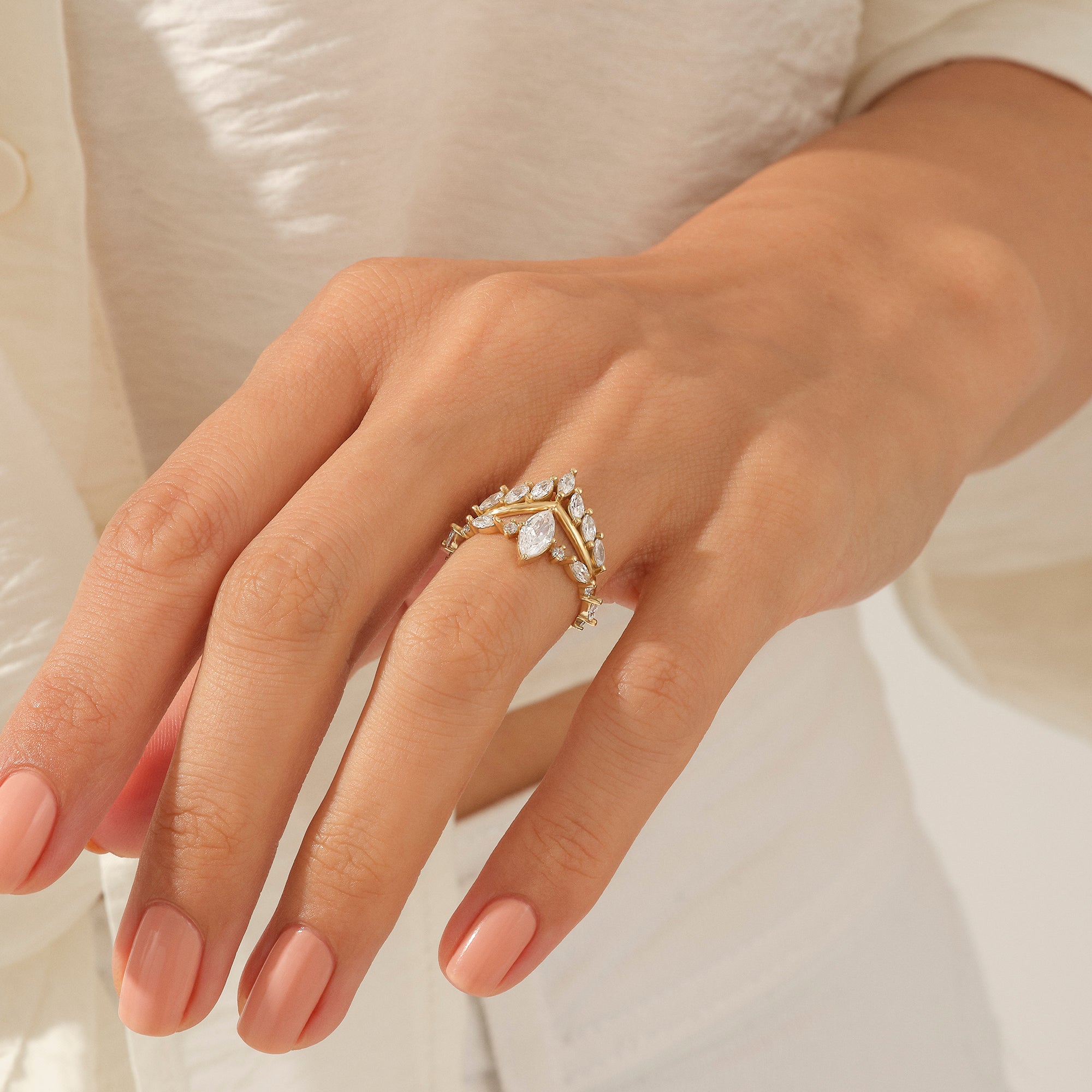 14k Real Gold Marquise Curve Wedding Ring