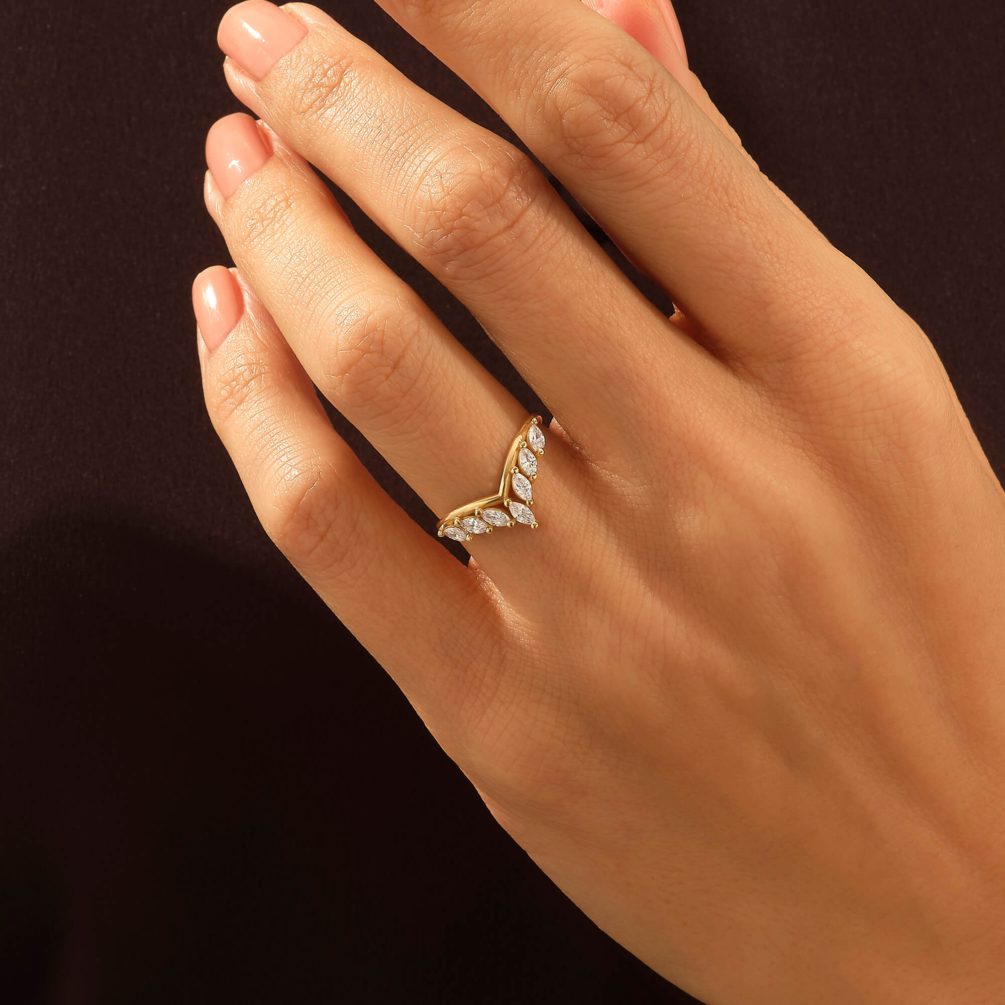 Marquise Curve Ring with White CZ Stones in Gold