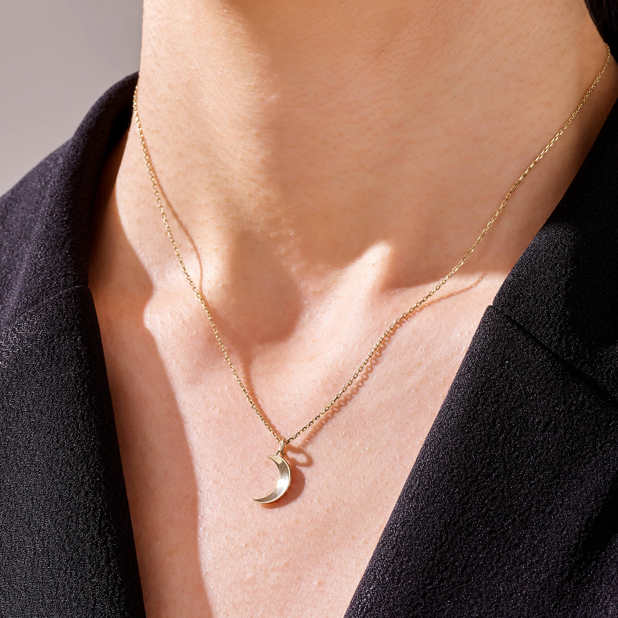14k Solid Gold Crescent Moon Pendant Necklace for Women