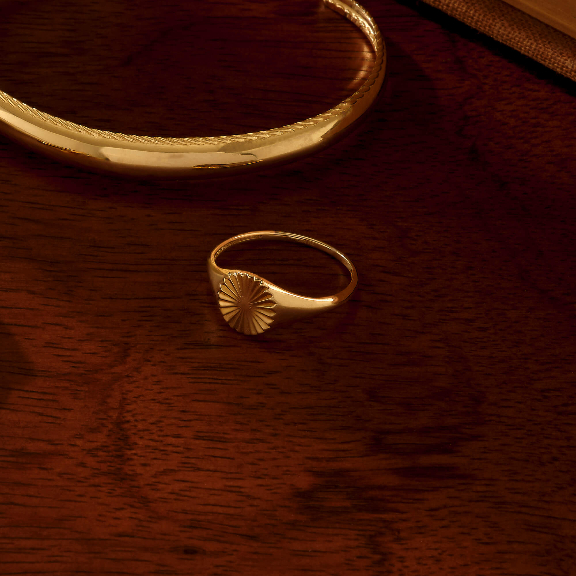 Women's Sun Engraved Signet Ring in 14k Real Yellow Gold