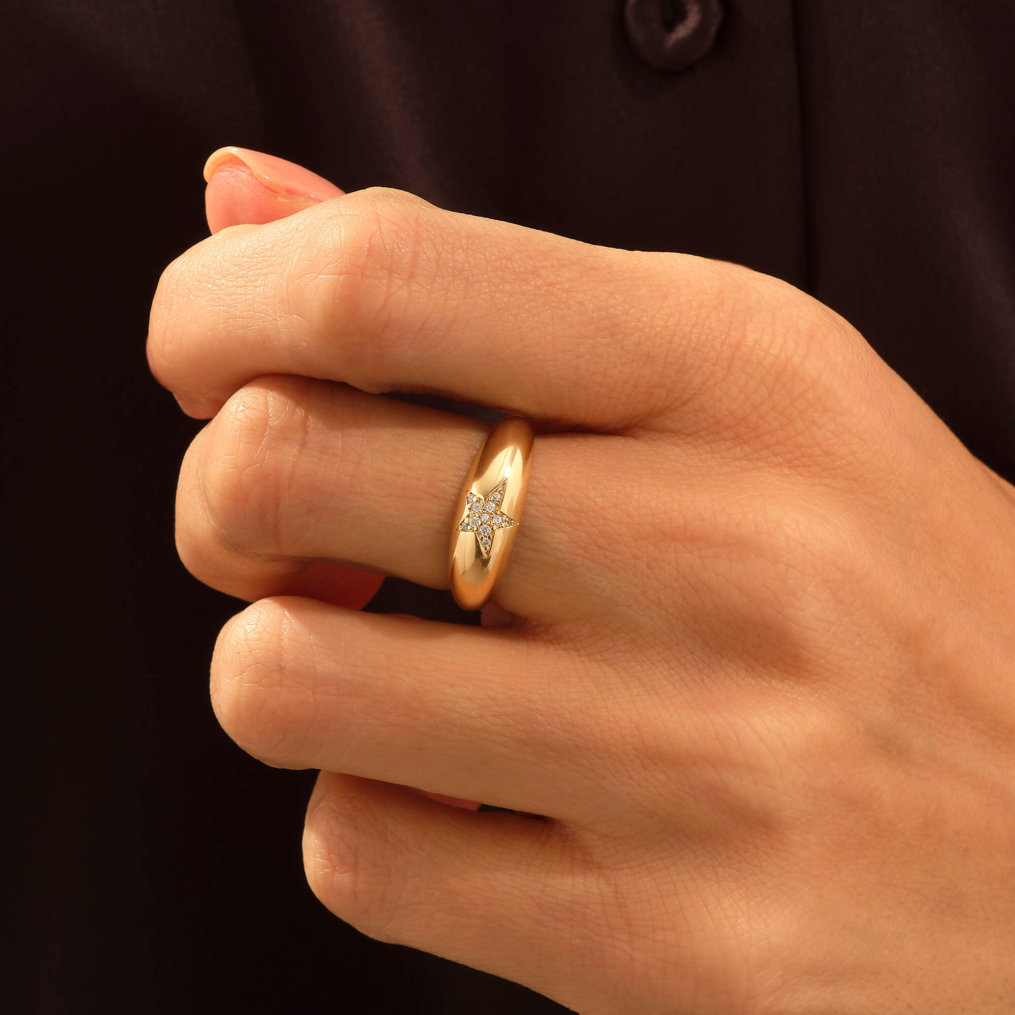 Star Pave Dome Ring in 14k Real Yellow Gold