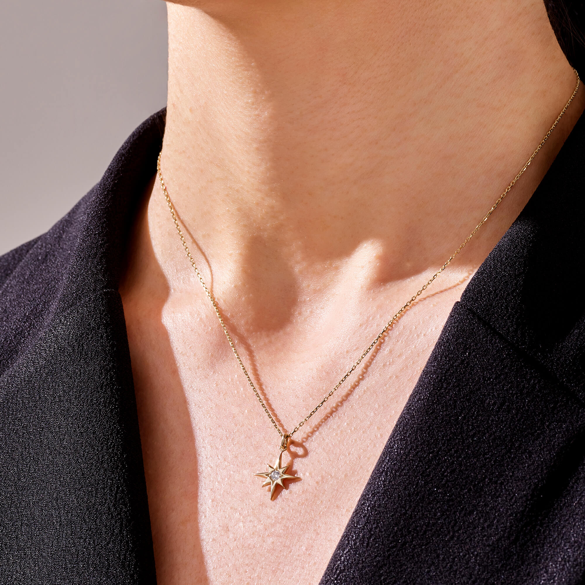 14k Real Yellow Gold Celestial North Star Pendant Necklace