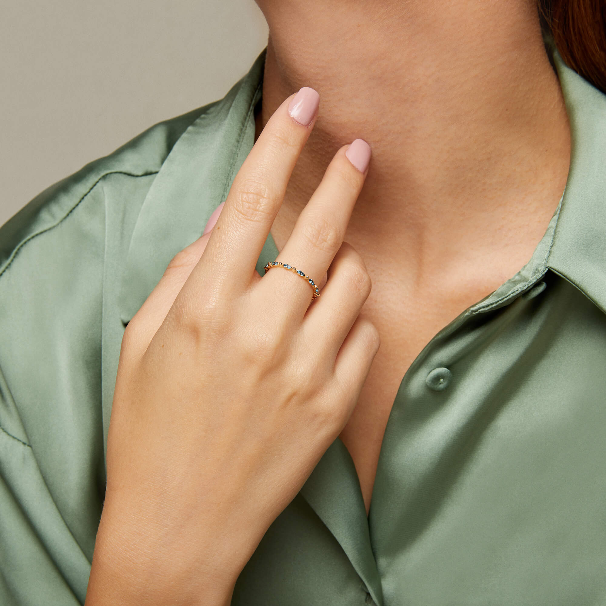 Blue CZ Stones Eternity Band Ring in 14k Solid Gold