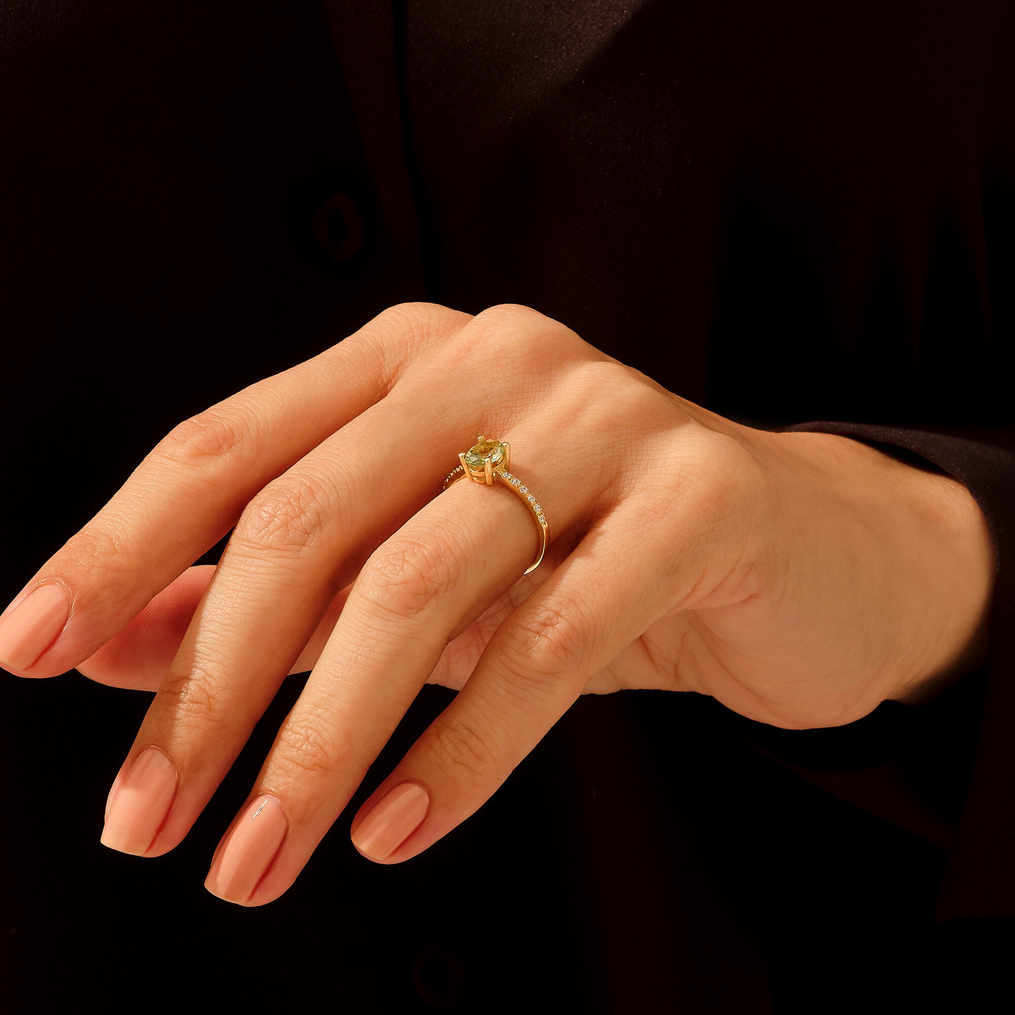 Olive Green Sapphire Oval Solitaire Ring in 14k Gold