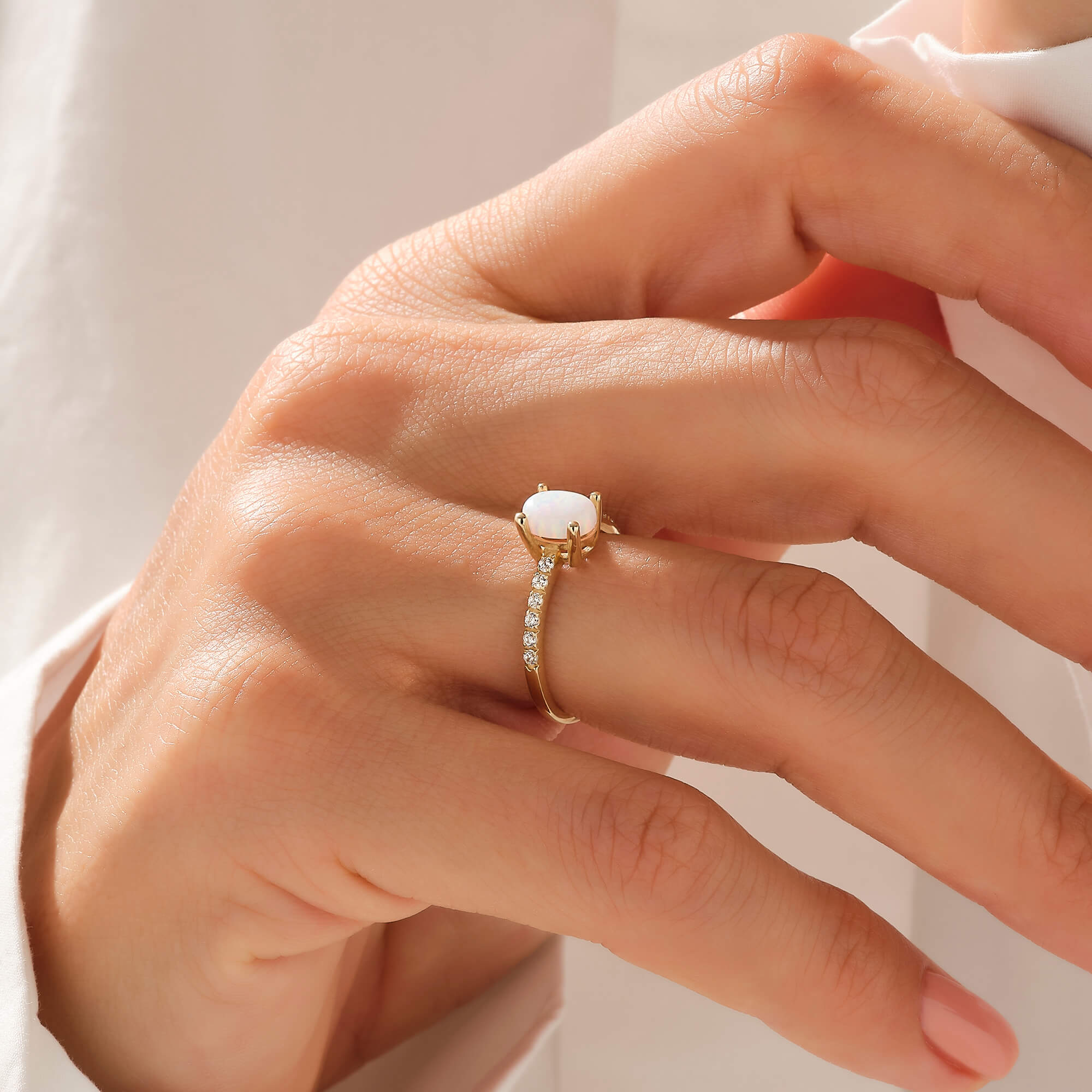 Oval Opal Solitaire Ring in 14k Real Yellow Gold