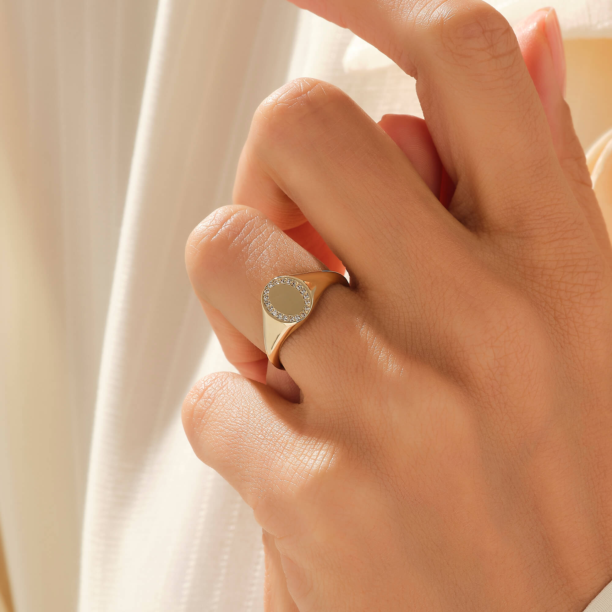 Real Gold Oval Pave Engravable Pinky Signet Ring for Women